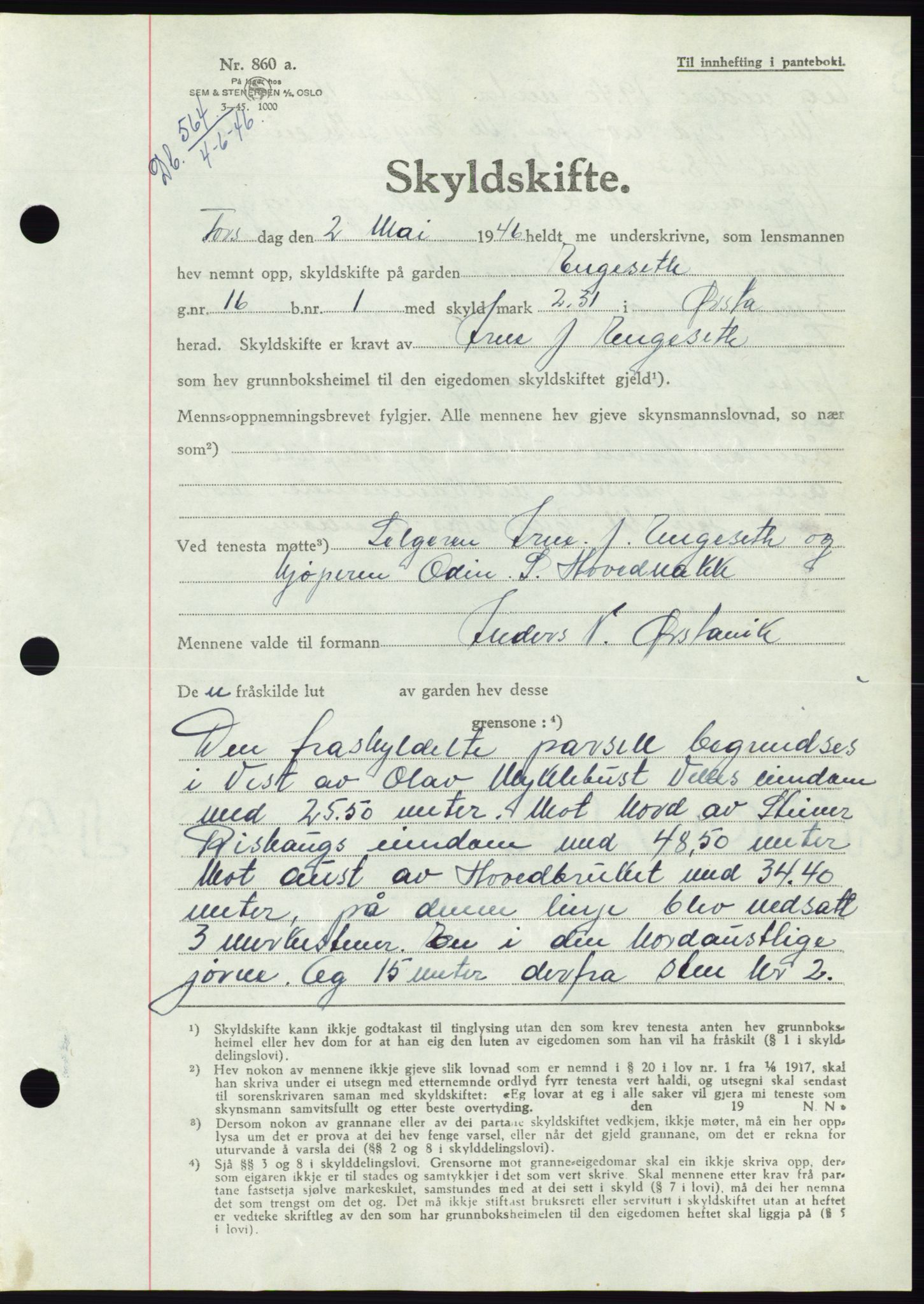 Søre Sunnmøre sorenskriveri, AV/SAT-A-4122/1/2/2C/L0078: Pantebok nr. 4A, 1946-1946, Dagboknr: 564/1946