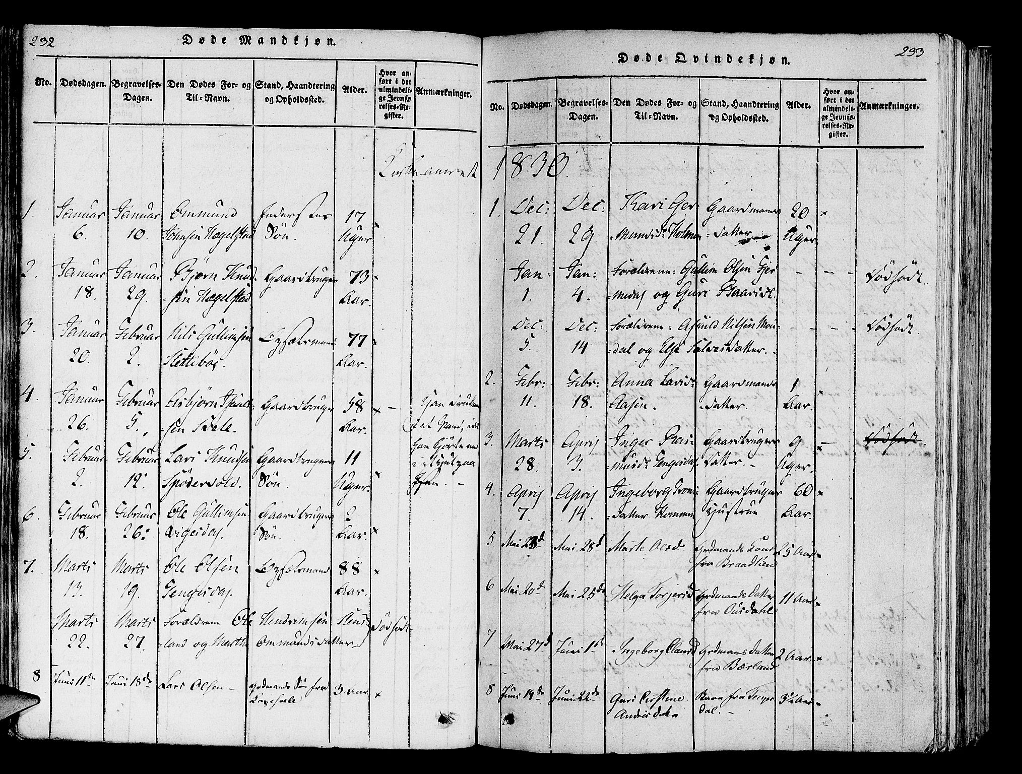 Helleland sokneprestkontor, SAST/A-101810: Ministerialbok nr. A 5, 1815-1834, s. 232-233