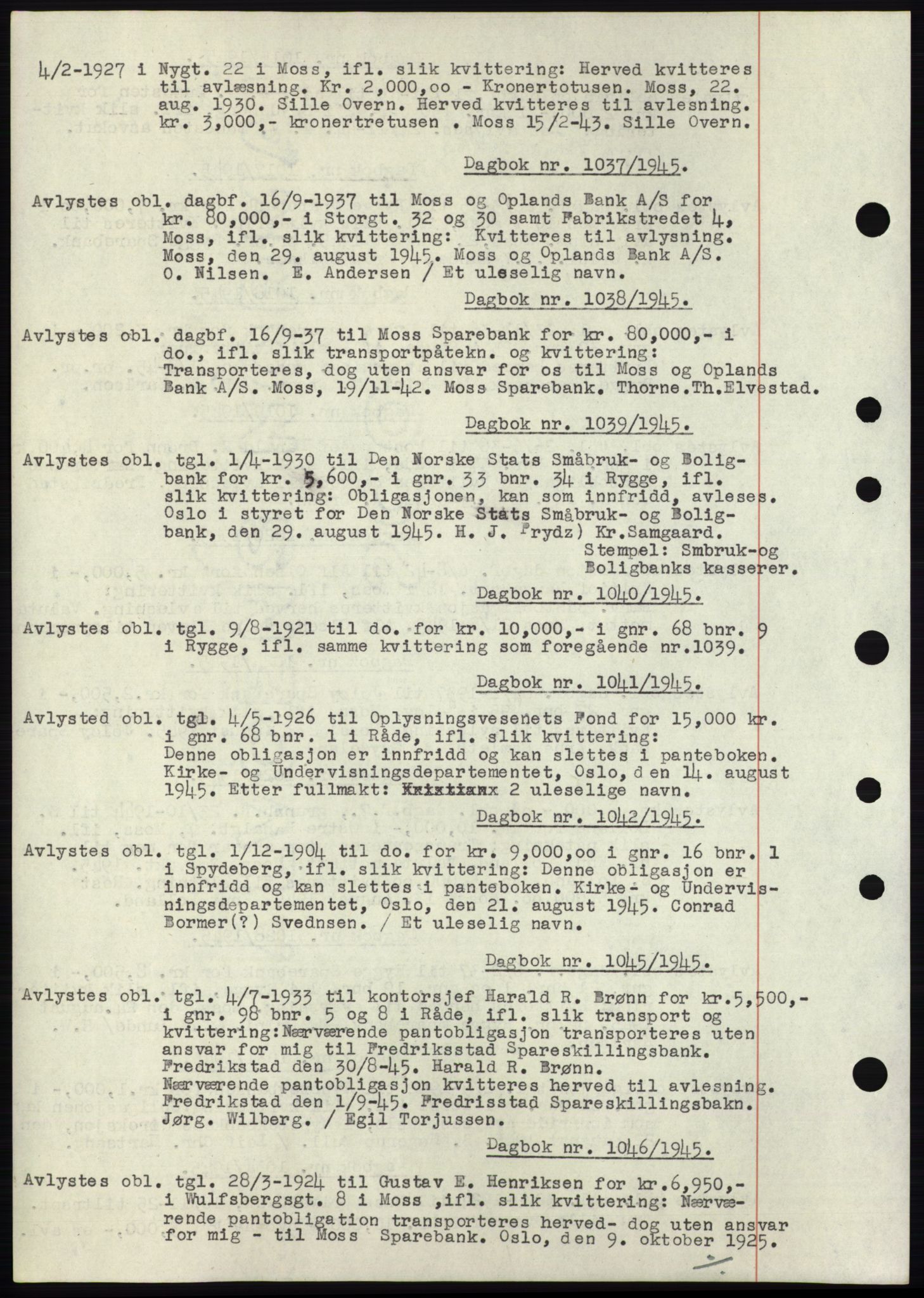 Moss sorenskriveri, SAO/A-10168: Pantebok nr. C10, 1938-1950, Dagboknr: 1037/1945