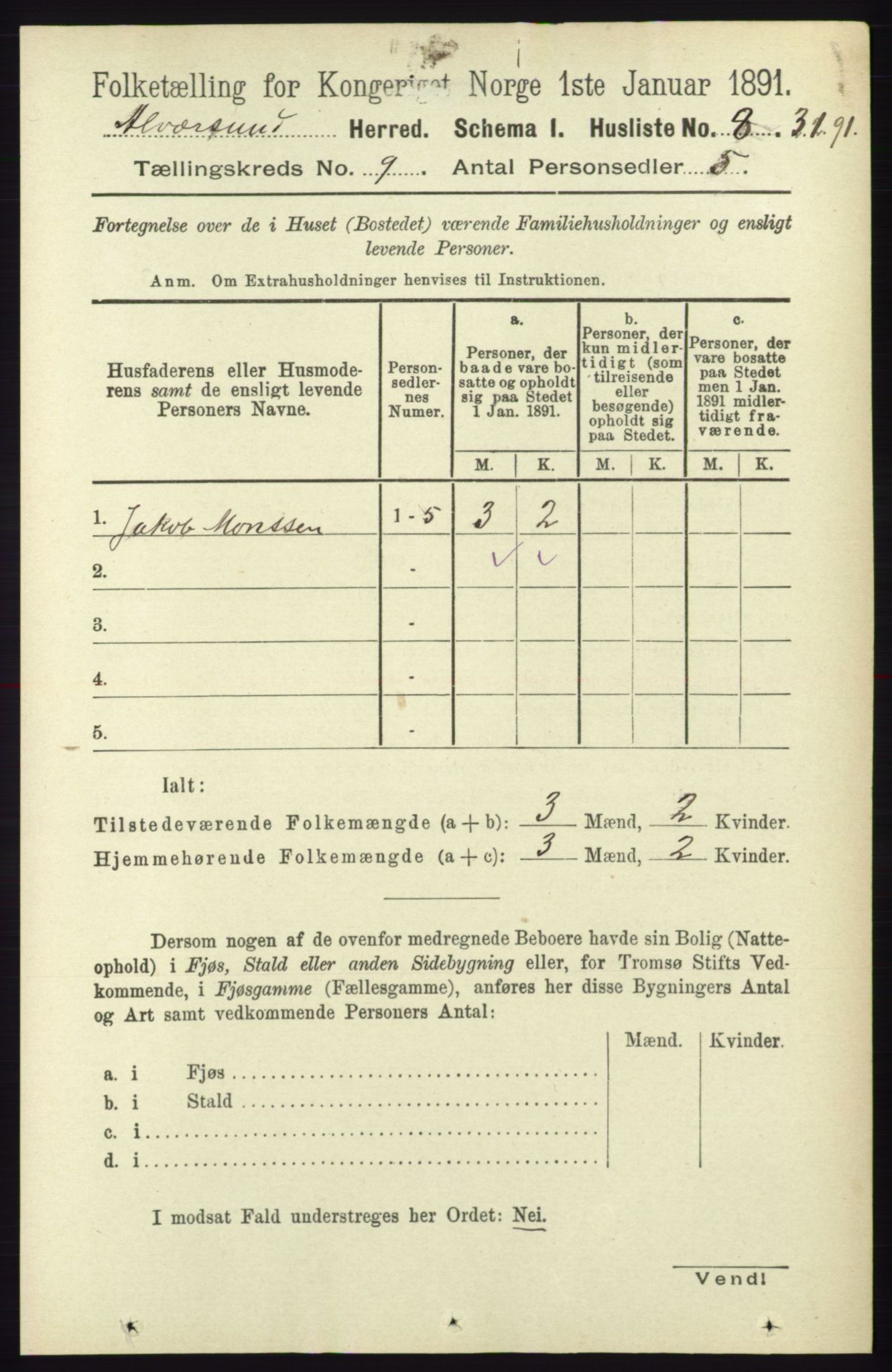 RA, Folketelling 1891 for 1257 Alversund herred, 1891, s. 3044