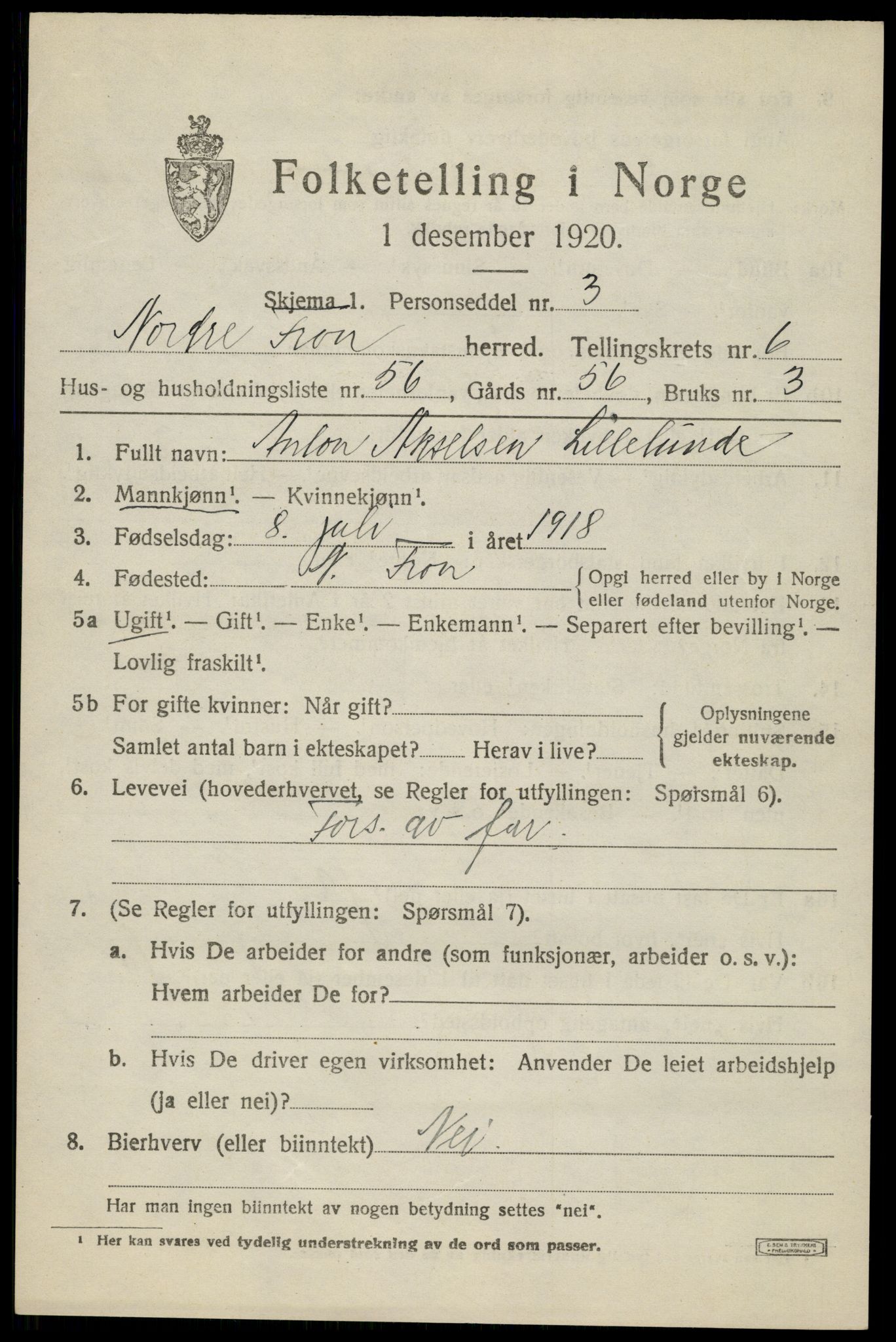 SAH, Folketelling 1920 for 0518 Nord-Fron herred, 1920, s. 5966