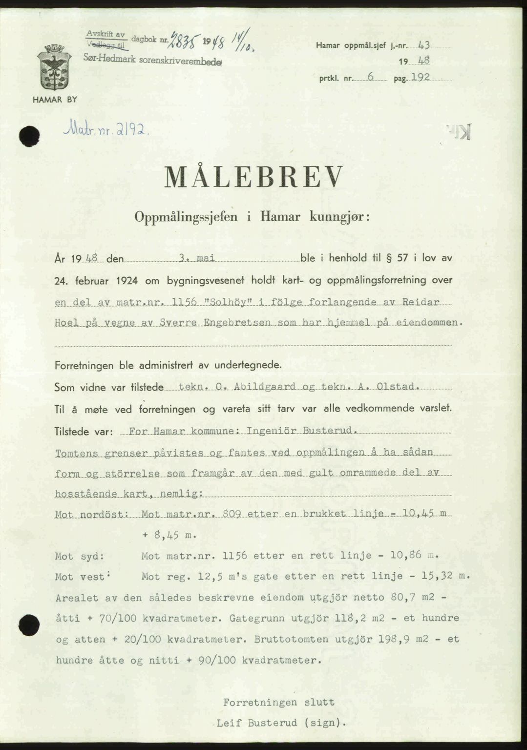 Sør-Hedmark sorenskriveri, SAH/TING-014/H/Hb/Hbd/L0018: Pantebok nr. 18, 1948-1949, Dagboknr: 2835/1948