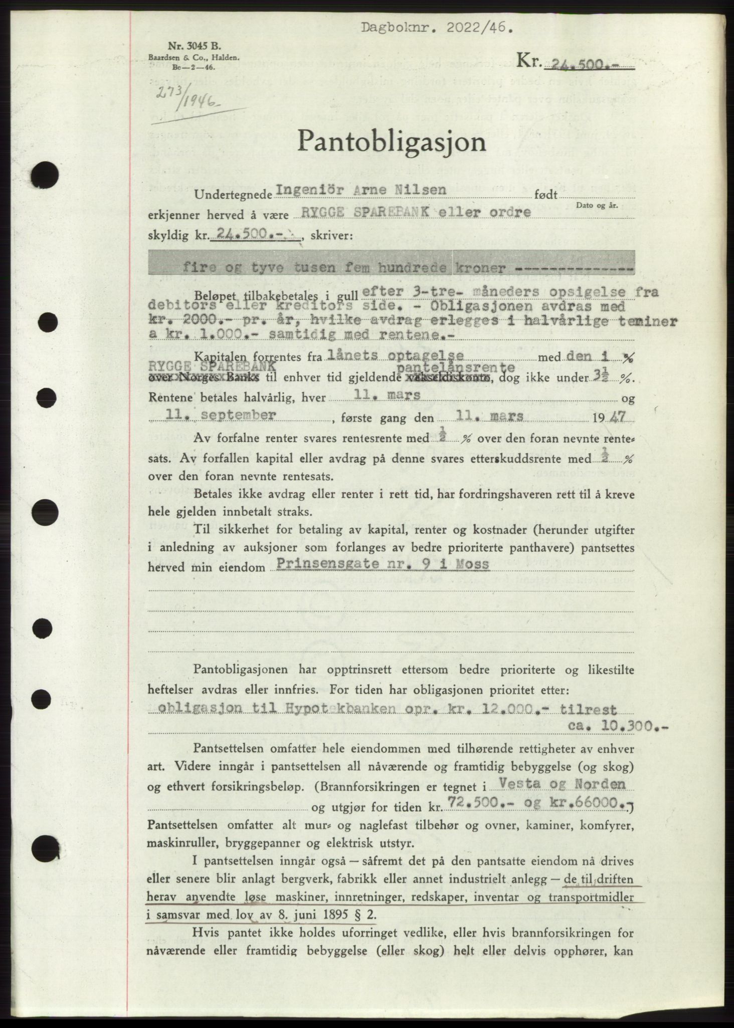 Moss sorenskriveri, SAO/A-10168: Pantebok nr. B15, 1946-1946, Dagboknr: 2022/1946