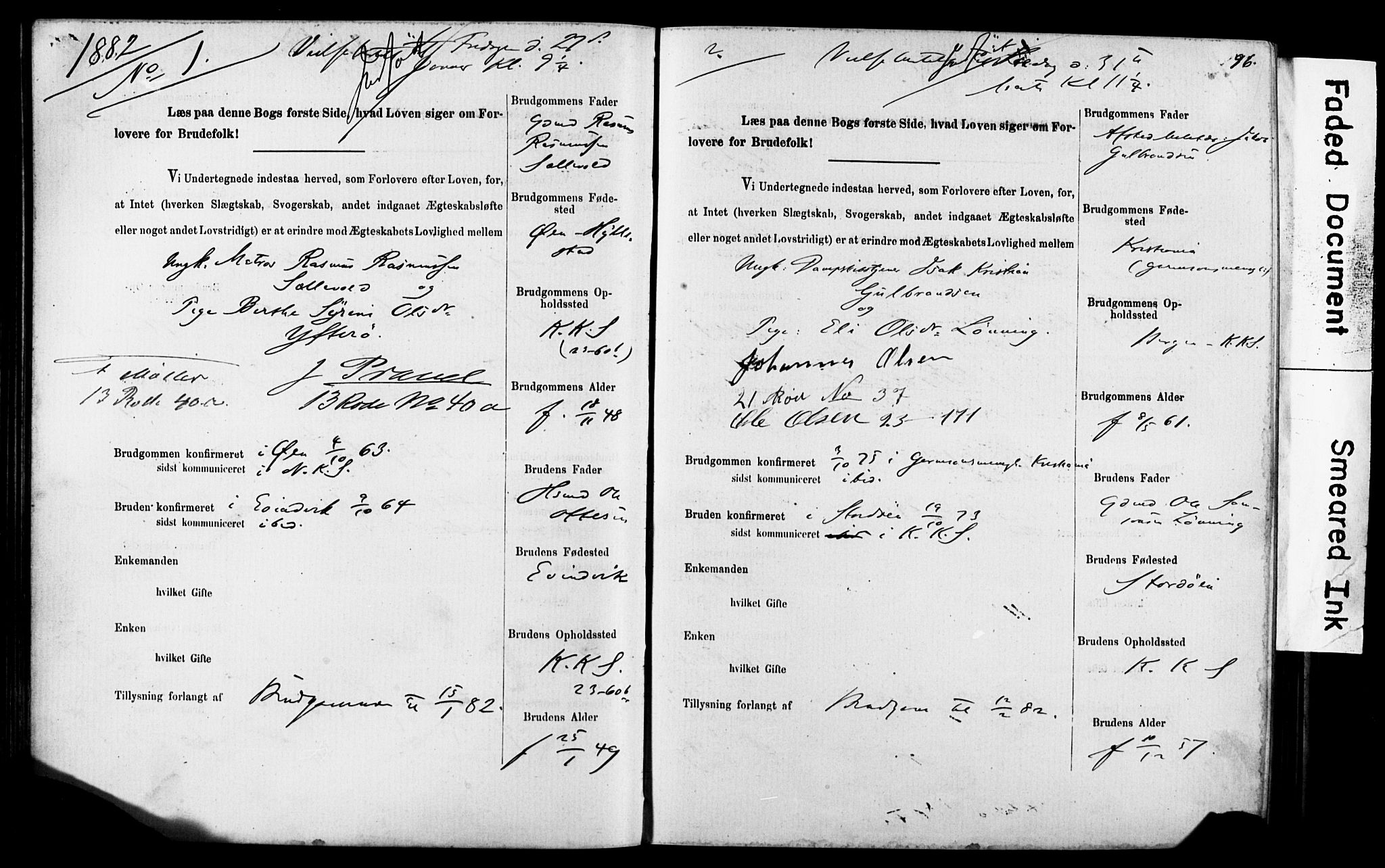 Korskirken sokneprestembete, SAB/A-76101: Forlovererklæringer nr. II.5.5, 1878-1889, s. 96