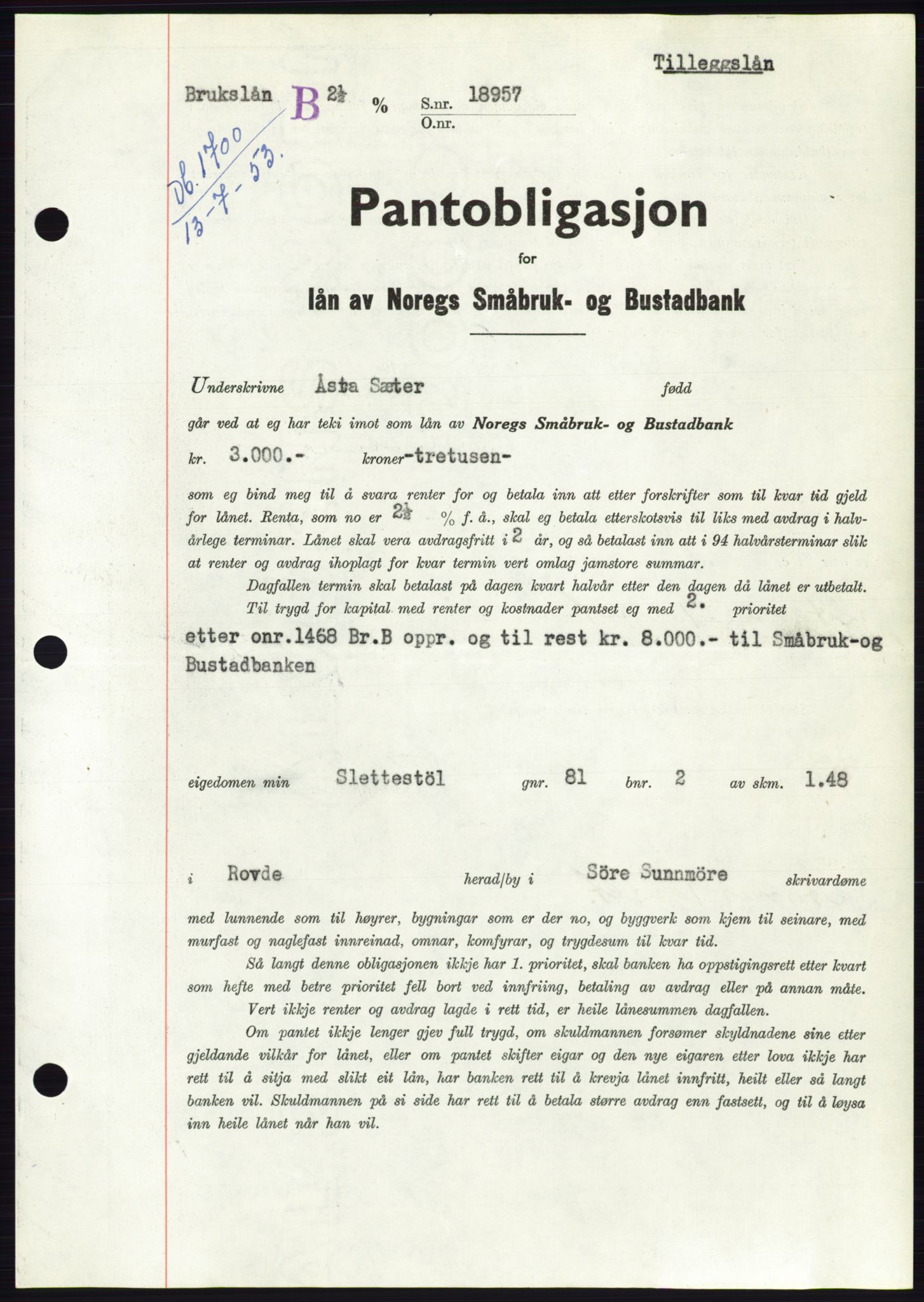 Søre Sunnmøre sorenskriveri, SAT/A-4122/1/2/2C/L0123: Pantebok nr. 11B, 1953-1953, Dagboknr: 1700/1953