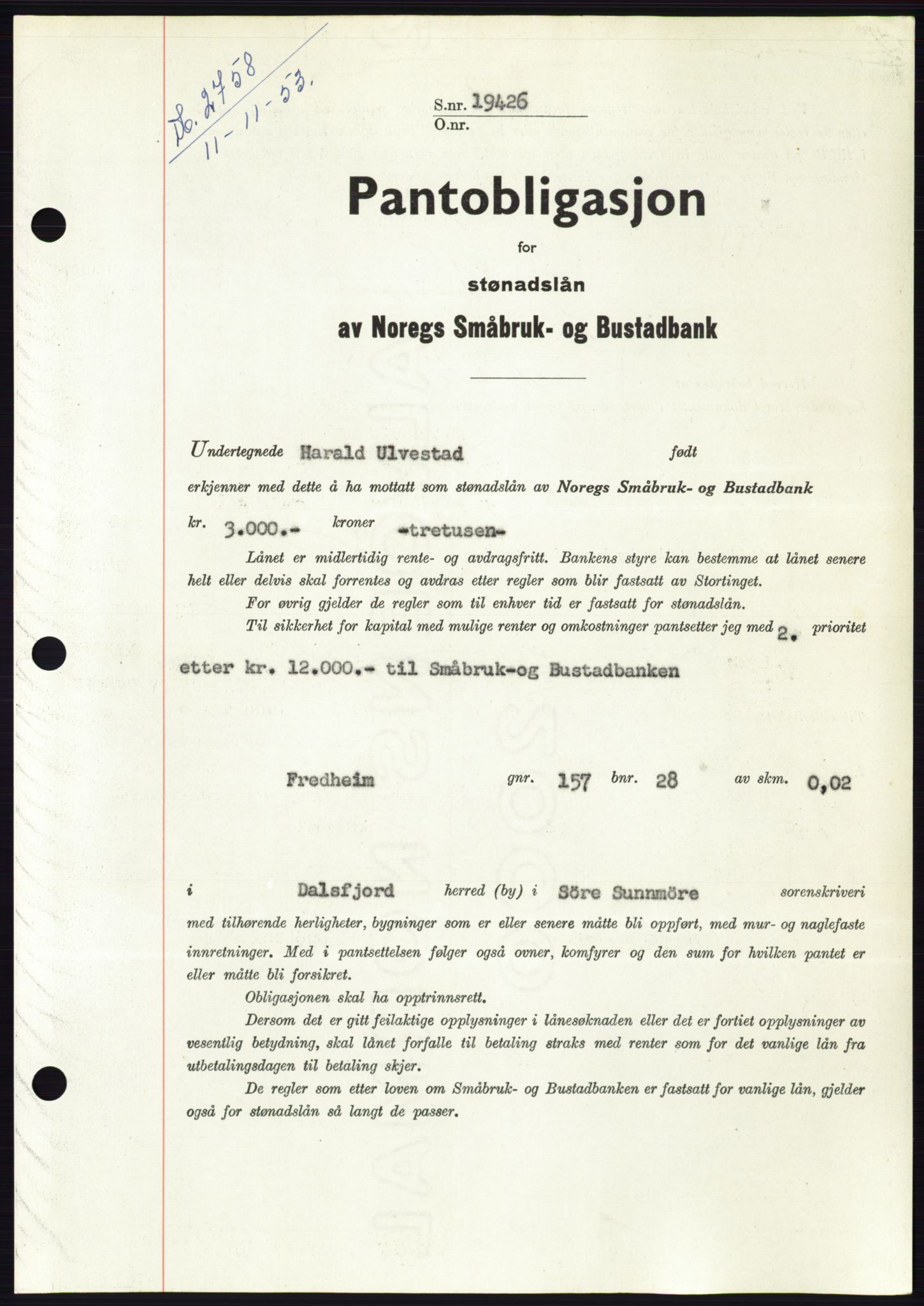 Søre Sunnmøre sorenskriveri, AV/SAT-A-4122/1/2/2C/L0124: Pantebok nr. 12B, 1953-1954, Dagboknr: 2758/1953