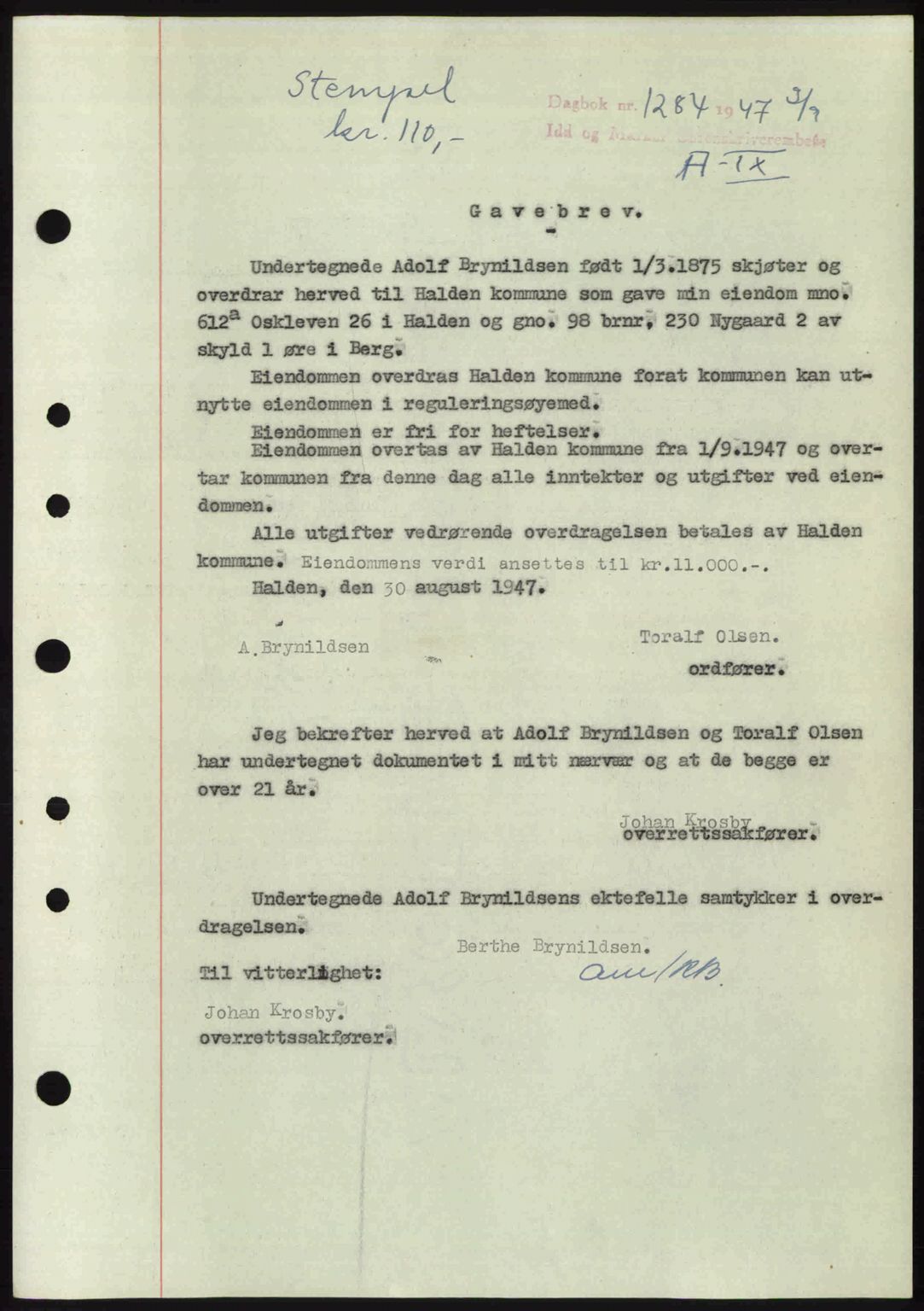 Idd og Marker sorenskriveri, SAO/A-10283/G/Gb/Gbb/L0009: Pantebok nr. A9, 1946-1947, Dagboknr: 1284/1947