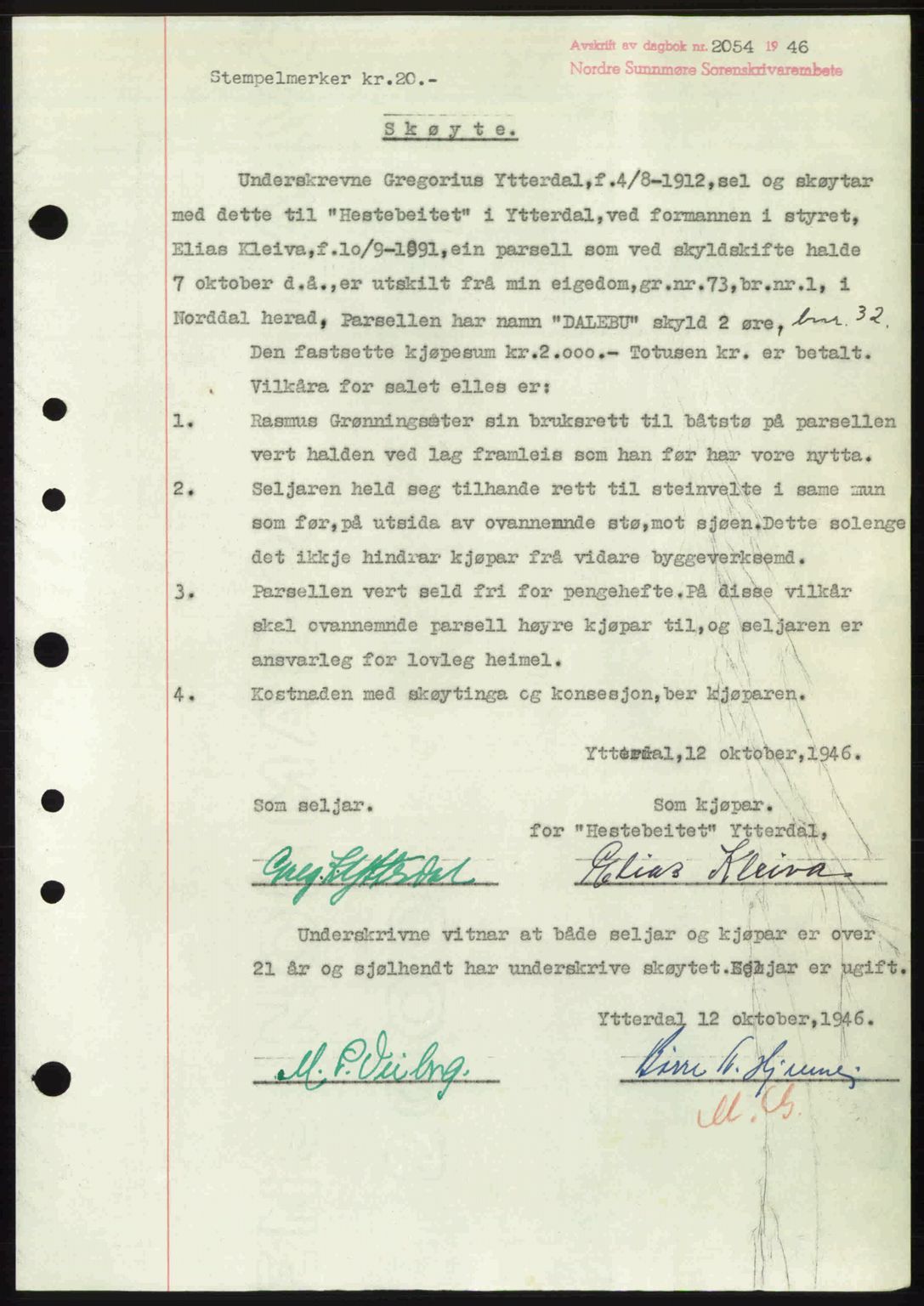 Nordre Sunnmøre sorenskriveri, AV/SAT-A-0006/1/2/2C/2Ca: Pantebok nr. A23, 1946-1947, Dagboknr: 2054/1946