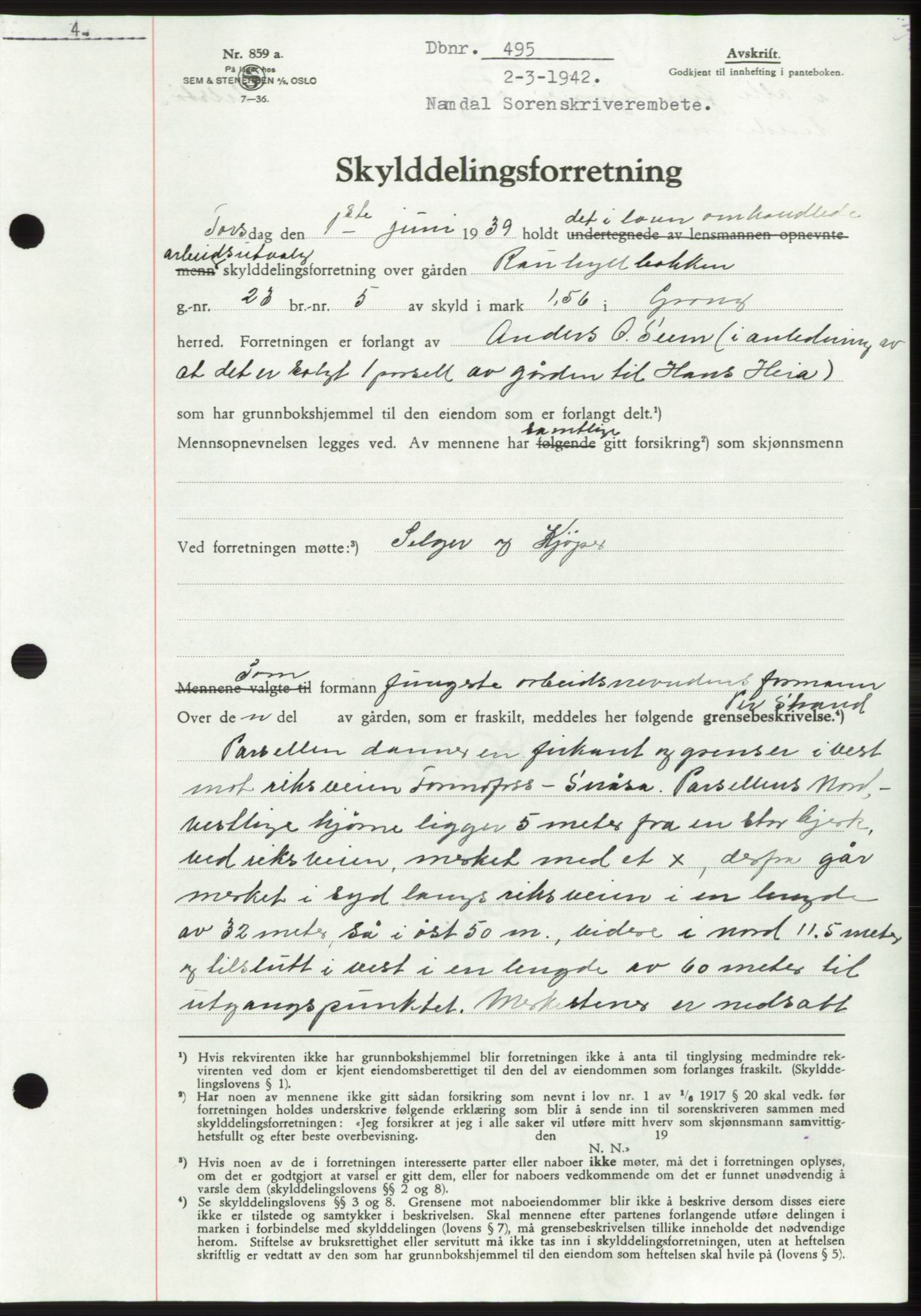 Namdal sorenskriveri, SAT/A-4133/1/2/2C: Pantebok nr. -, 1941-1942, Dagboknr: 495/1942