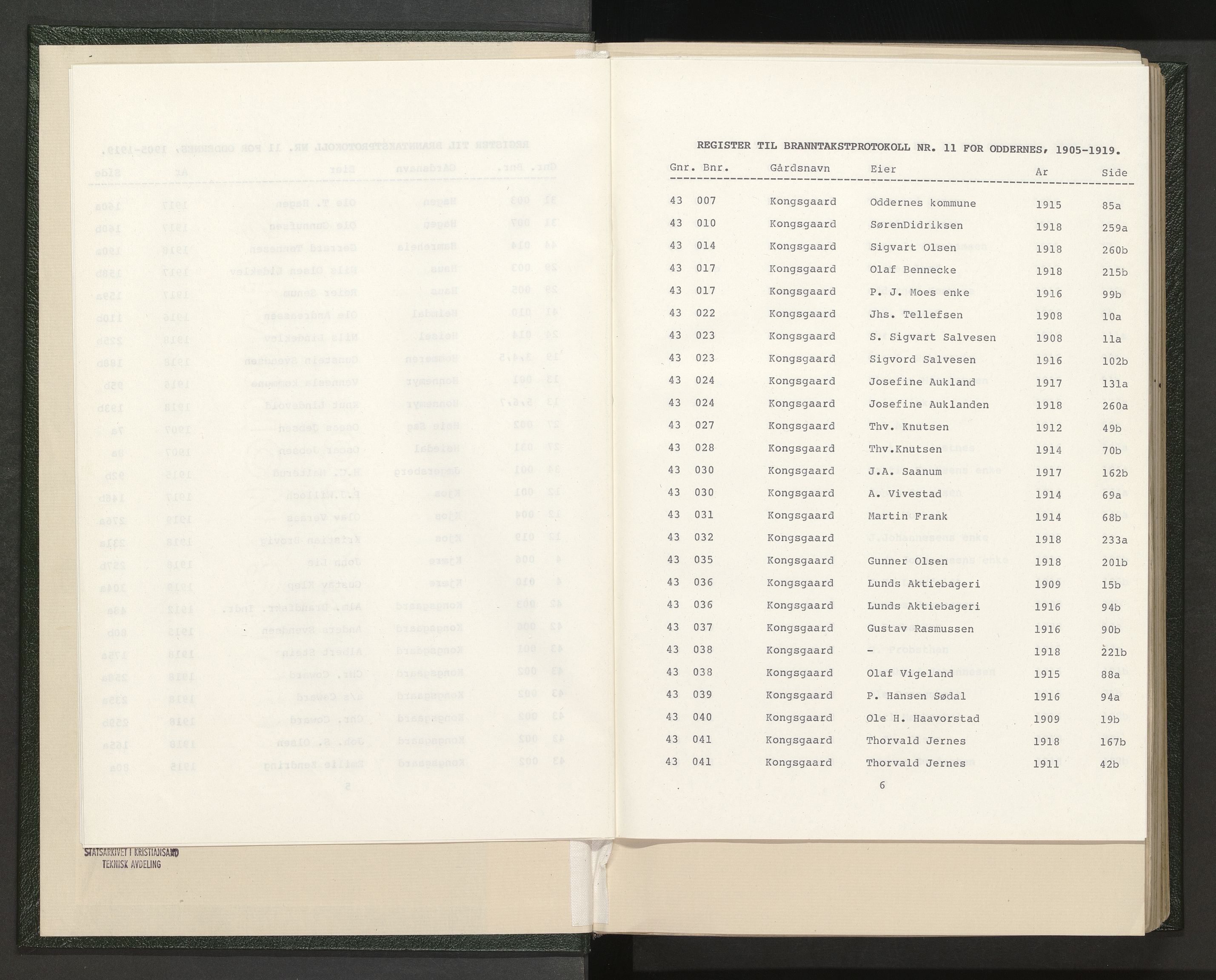 Norges Brannkasse Oddernes, AV/SAK-2241-0042/F/Fa/L0011: Branntakstprotokoll nr. 11 med gårdsnavnregister, 1905-1919