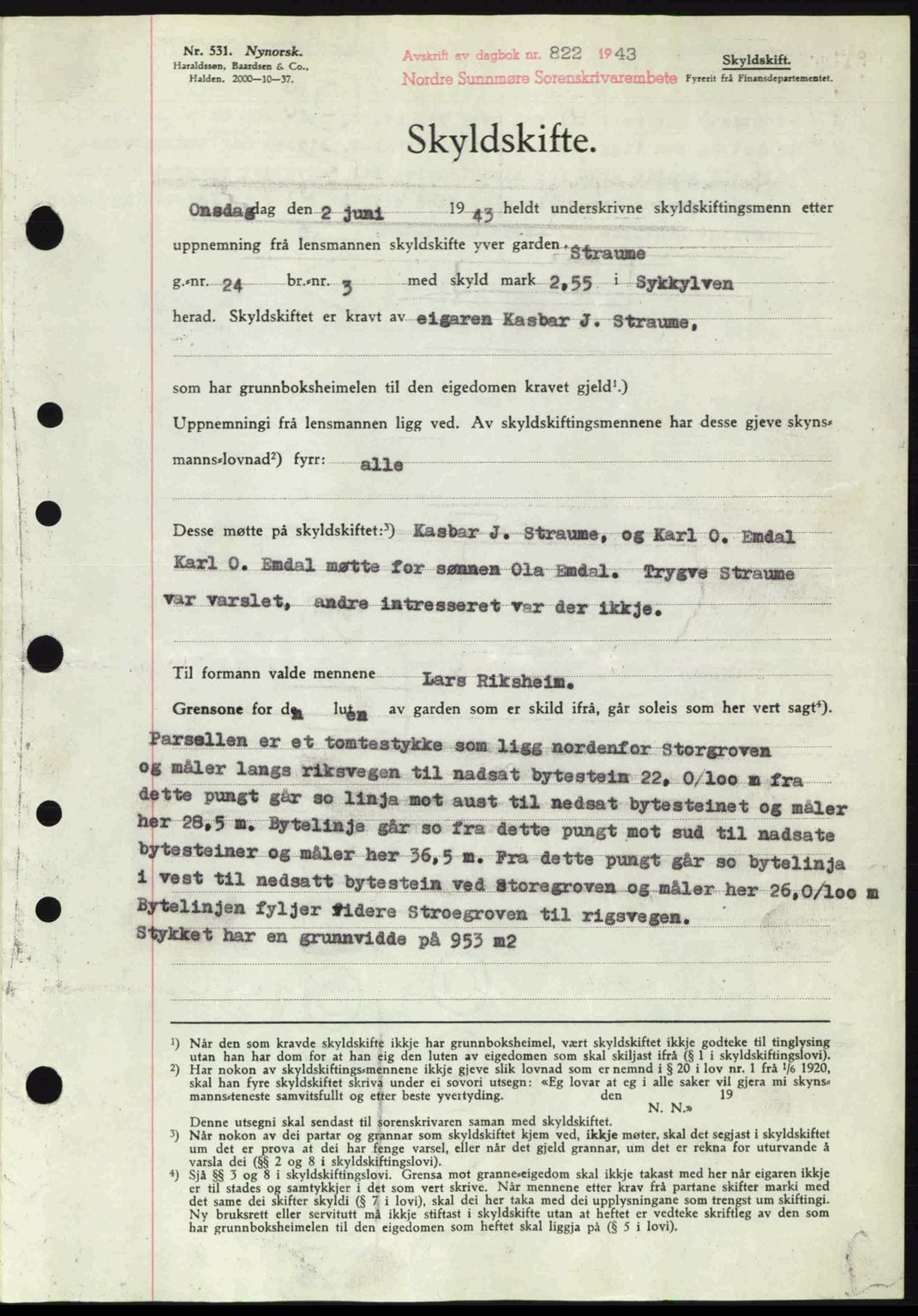 Nordre Sunnmøre sorenskriveri, SAT/A-0006/1/2/2C/2Ca: Pantebok nr. A16, 1943-1943, Dagboknr: 822/1943