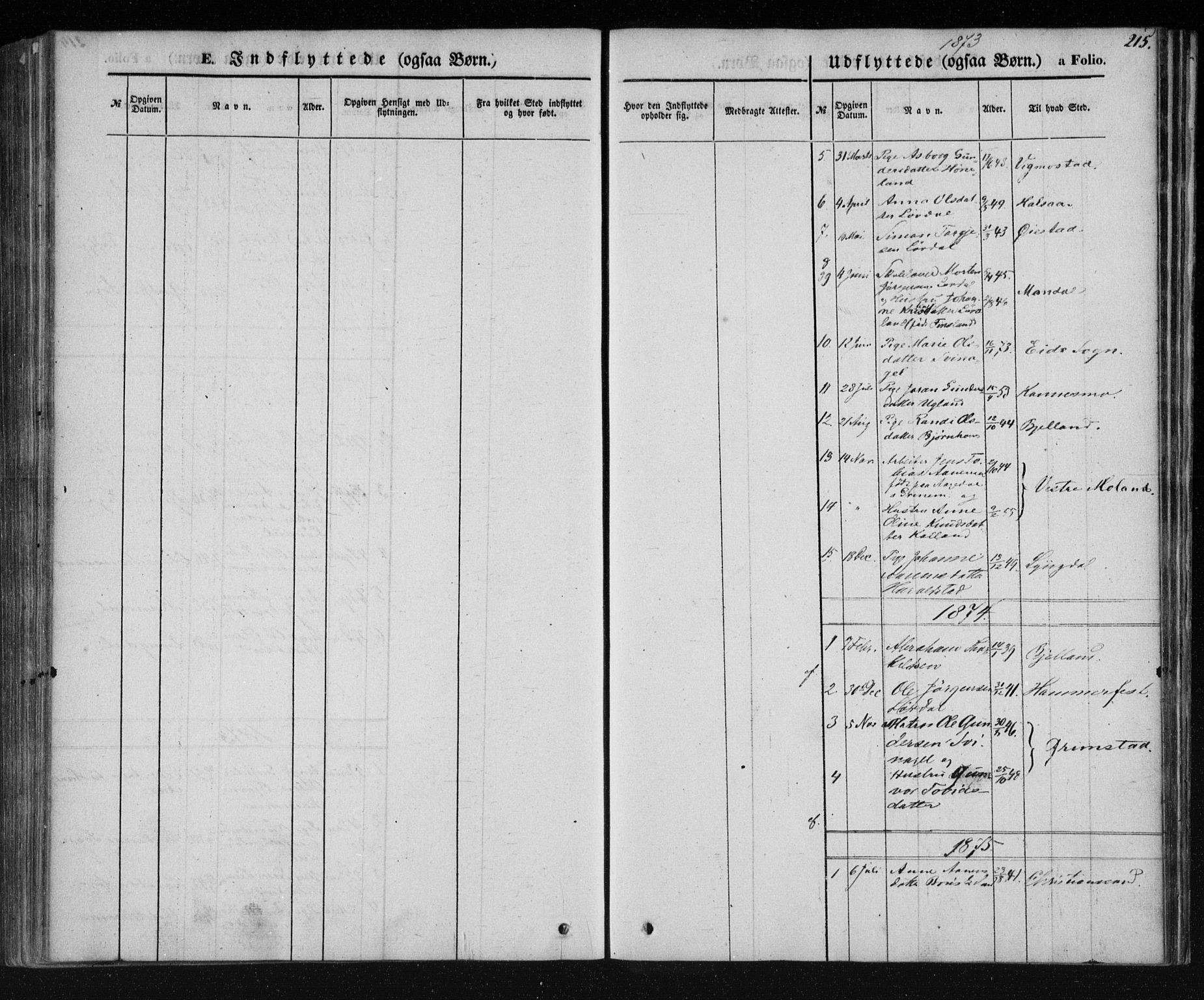 Holum sokneprestkontor, SAK/1111-0022/F/Fa/Fab/L0005: Ministerialbok nr. A 5, 1847-1874, s. 215