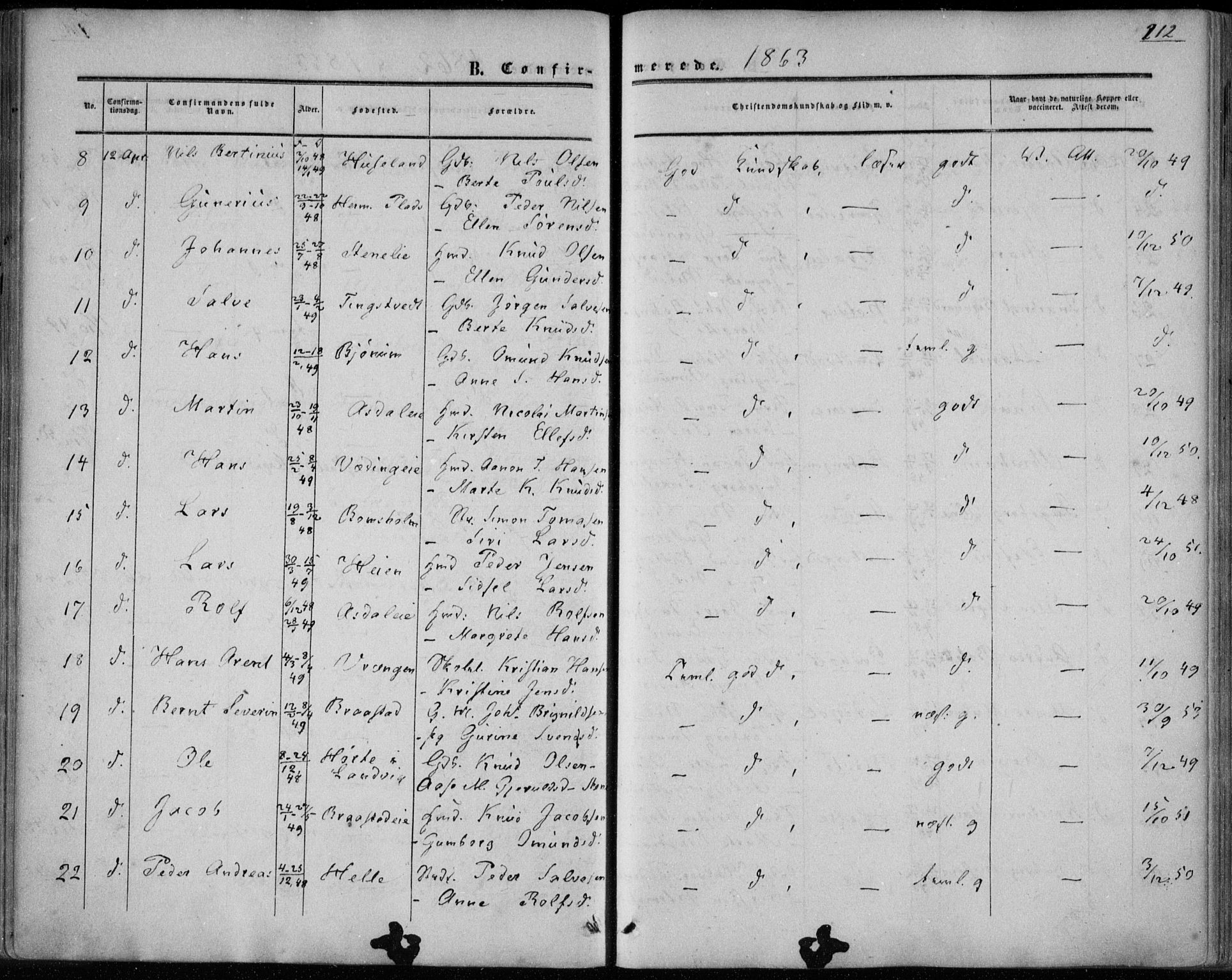 Øyestad sokneprestkontor, AV/SAK-1111-0049/F/Fa/L0015: Ministerialbok nr. A 15, 1857-1873, s. 212