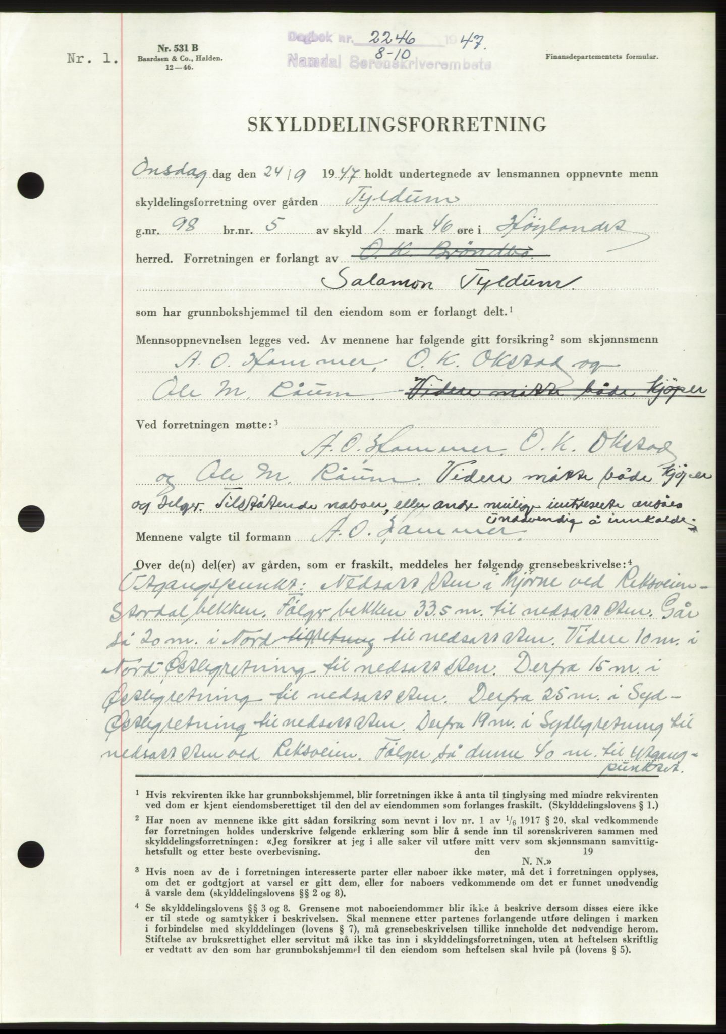 Namdal sorenskriveri, SAT/A-4133/1/2/2C: Pantebok nr. -, 1947-1947, Dagboknr: 2246/1947