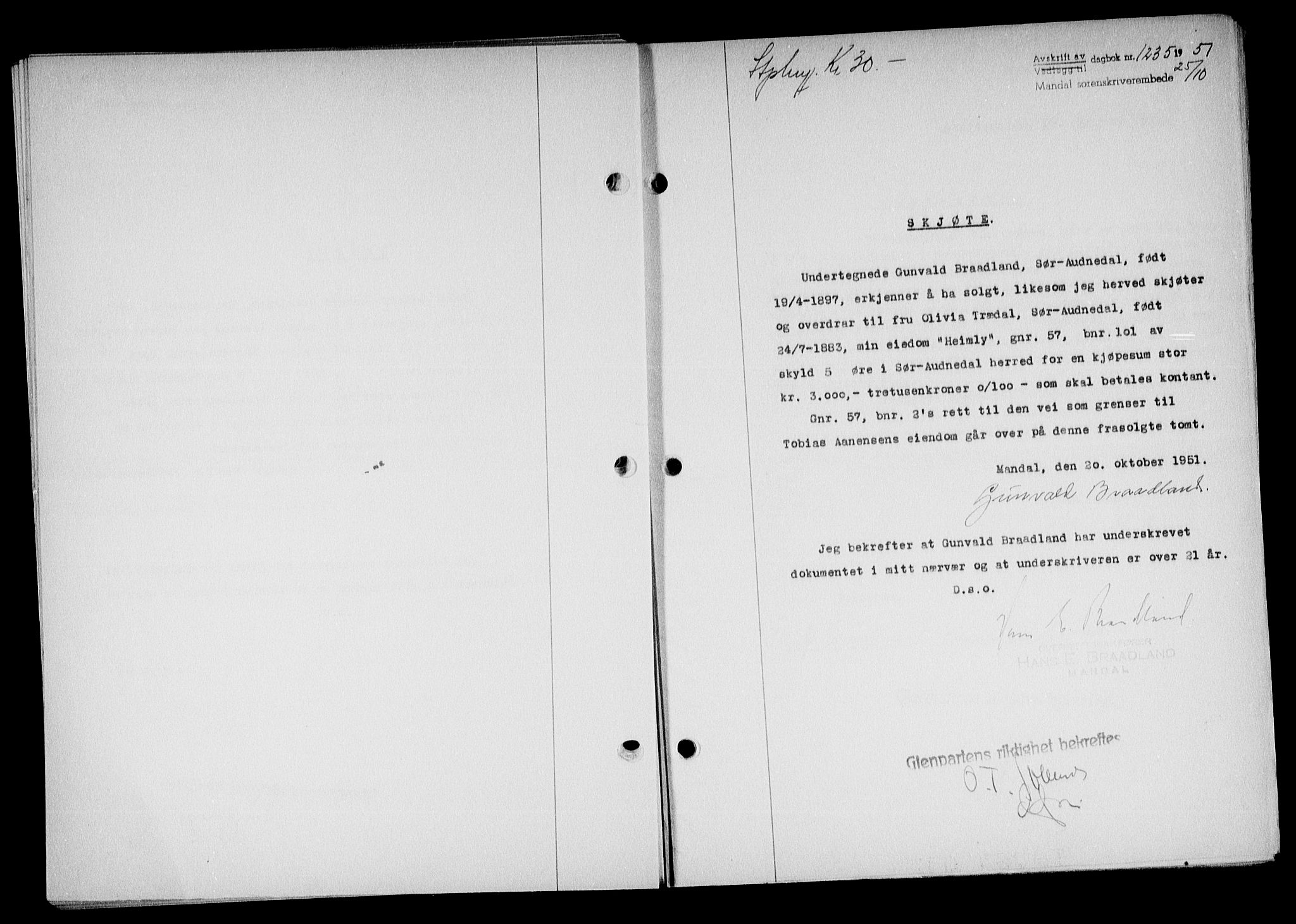 Mandal sorenskriveri, SAK/1221-0005/001/G/Gb/Gba/L0084: Pantebok nr. A-21, 1951-1951, Dagboknr: 1235/1951