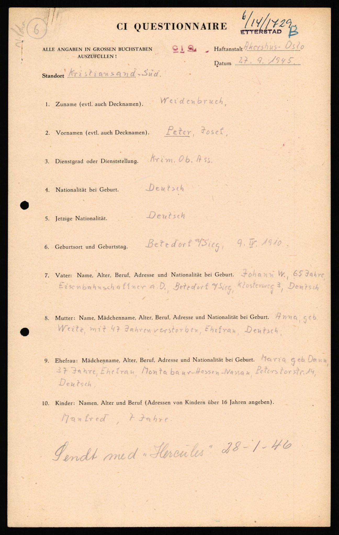 Forsvaret, Forsvarets overkommando II, AV/RA-RAFA-3915/D/Db/L0035: CI Questionaires. Tyske okkupasjonsstyrker i Norge. Tyskere., 1945-1946, s. 129