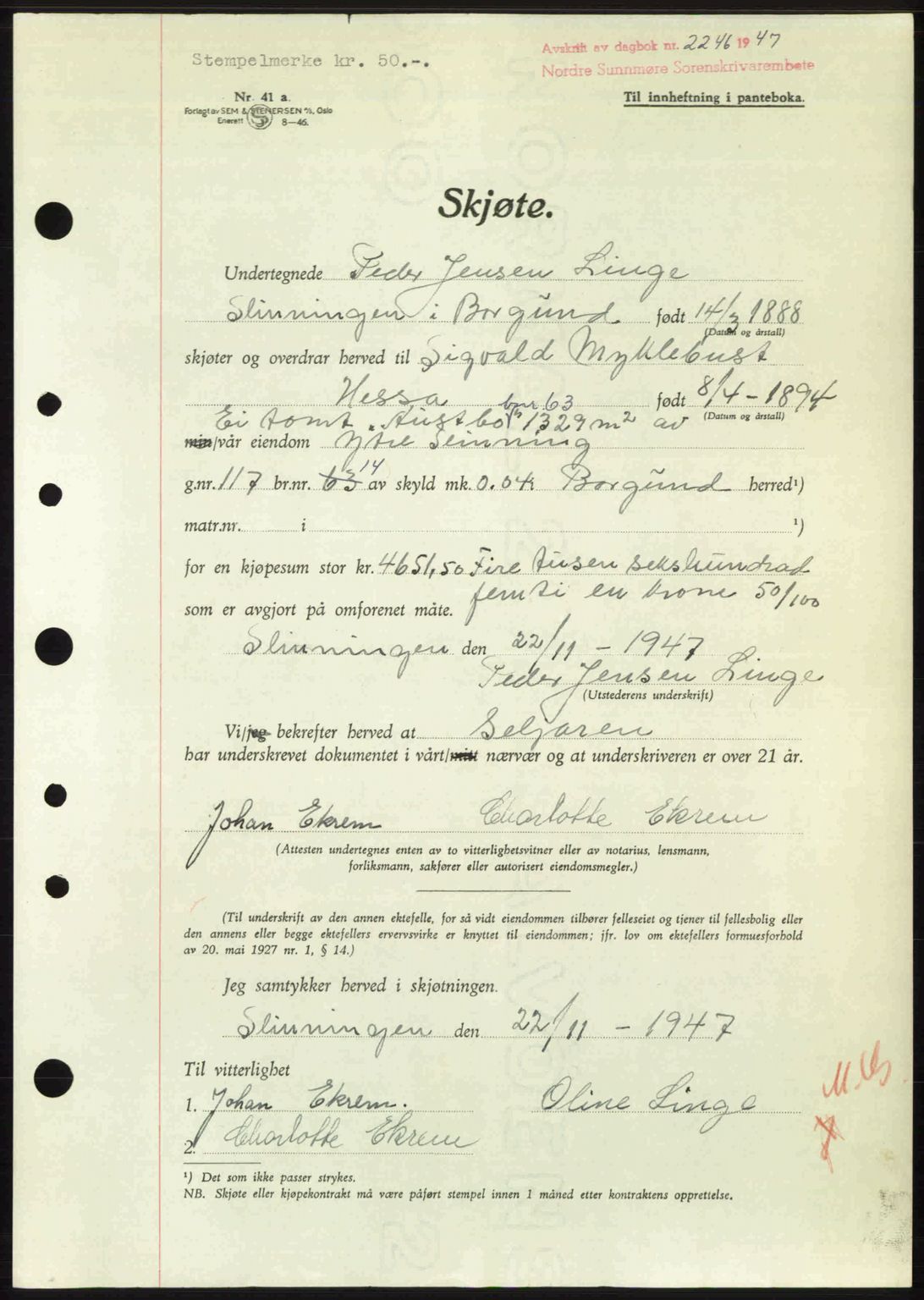 Nordre Sunnmøre sorenskriveri, AV/SAT-A-0006/1/2/2C/2Ca: Pantebok nr. A26, 1947-1948, Dagboknr: 2246/1947