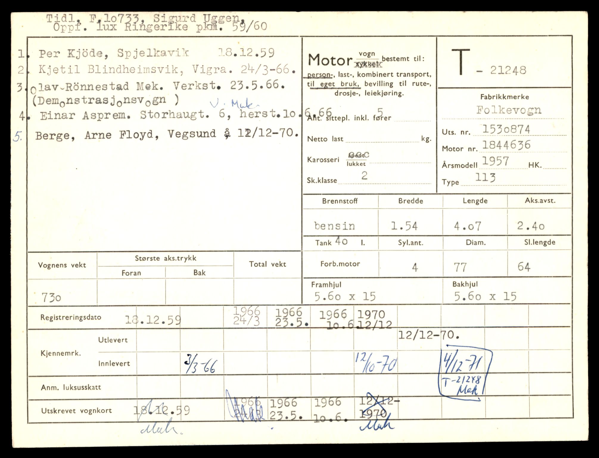 Møre og Romsdal vegkontor - Ålesund trafikkstasjon, AV/SAT-A-4099/F/Fe/L0057: Registreringskort for kjøretøy T 21248 - T 21479, 1927-1998, s. 3