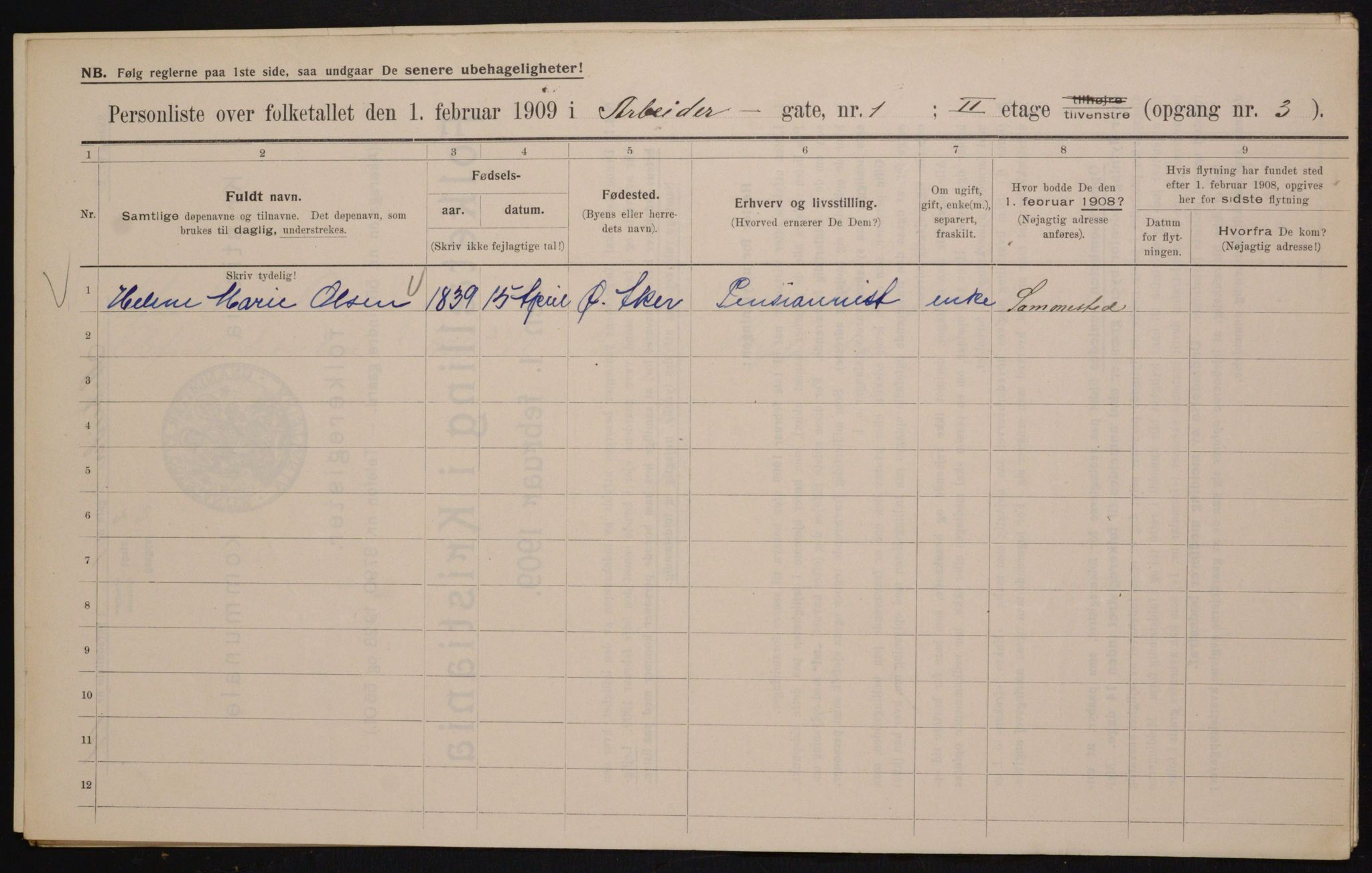 OBA, Kommunal folketelling 1.2.1909 for Kristiania kjøpstad, 1909, s. 1437