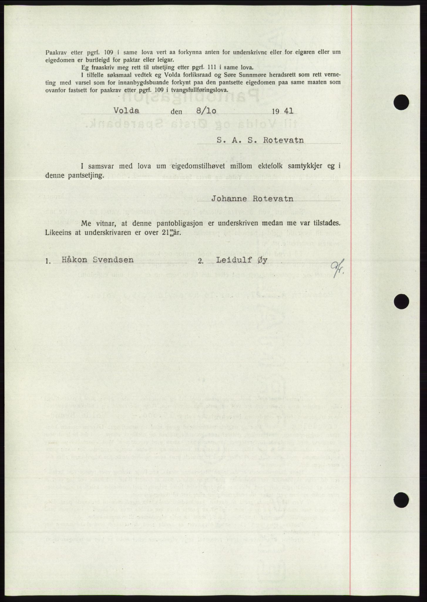 Søre Sunnmøre sorenskriveri, AV/SAT-A-4122/1/2/2C/L0071: Pantebok nr. 65, 1941-1941, Dagboknr: 1097/1941