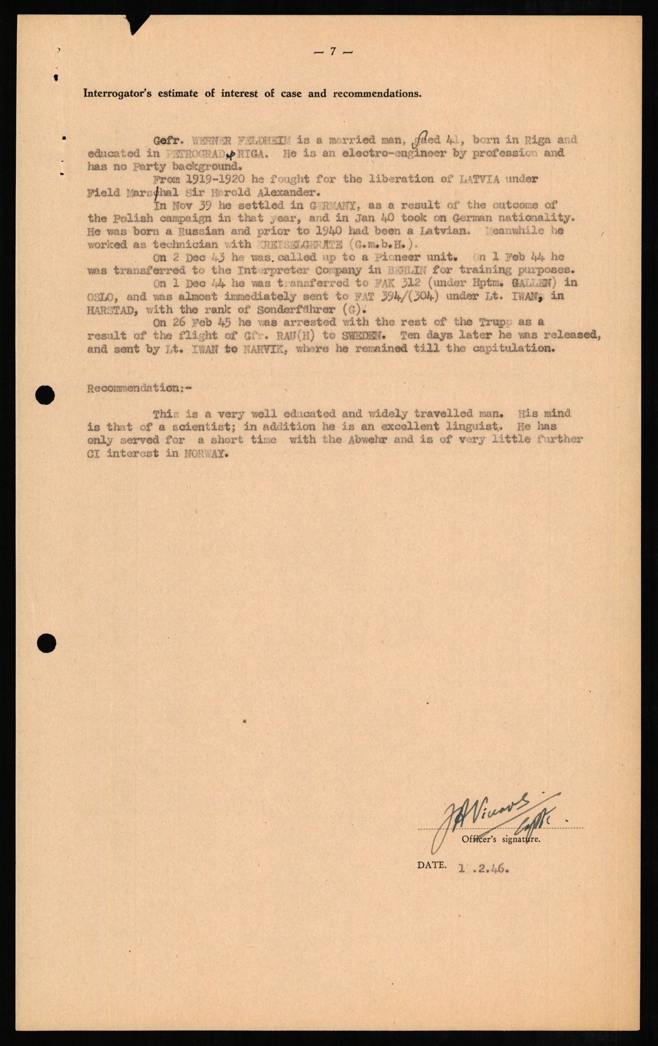Forsvaret, Forsvarets overkommando II, AV/RA-RAFA-3915/D/Db/L0008: CI Questionaires. Tyske okkupasjonsstyrker i Norge. Tyskere., 1945-1946, s. 25