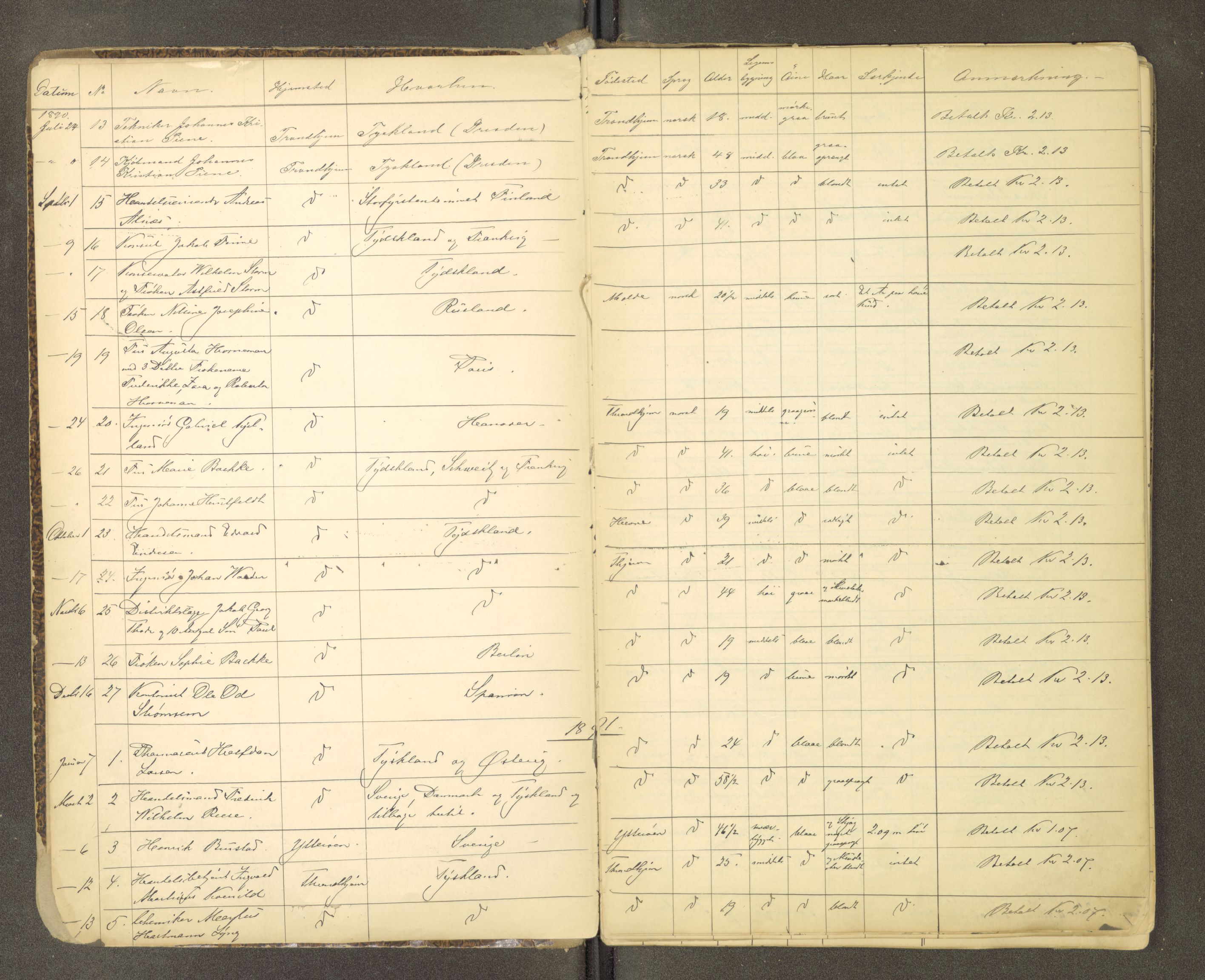 Trondheim politikammer, AV/SAT-A-1887/1/30/L0012: Passprotokoll. Utstedte pass, 1890-1908