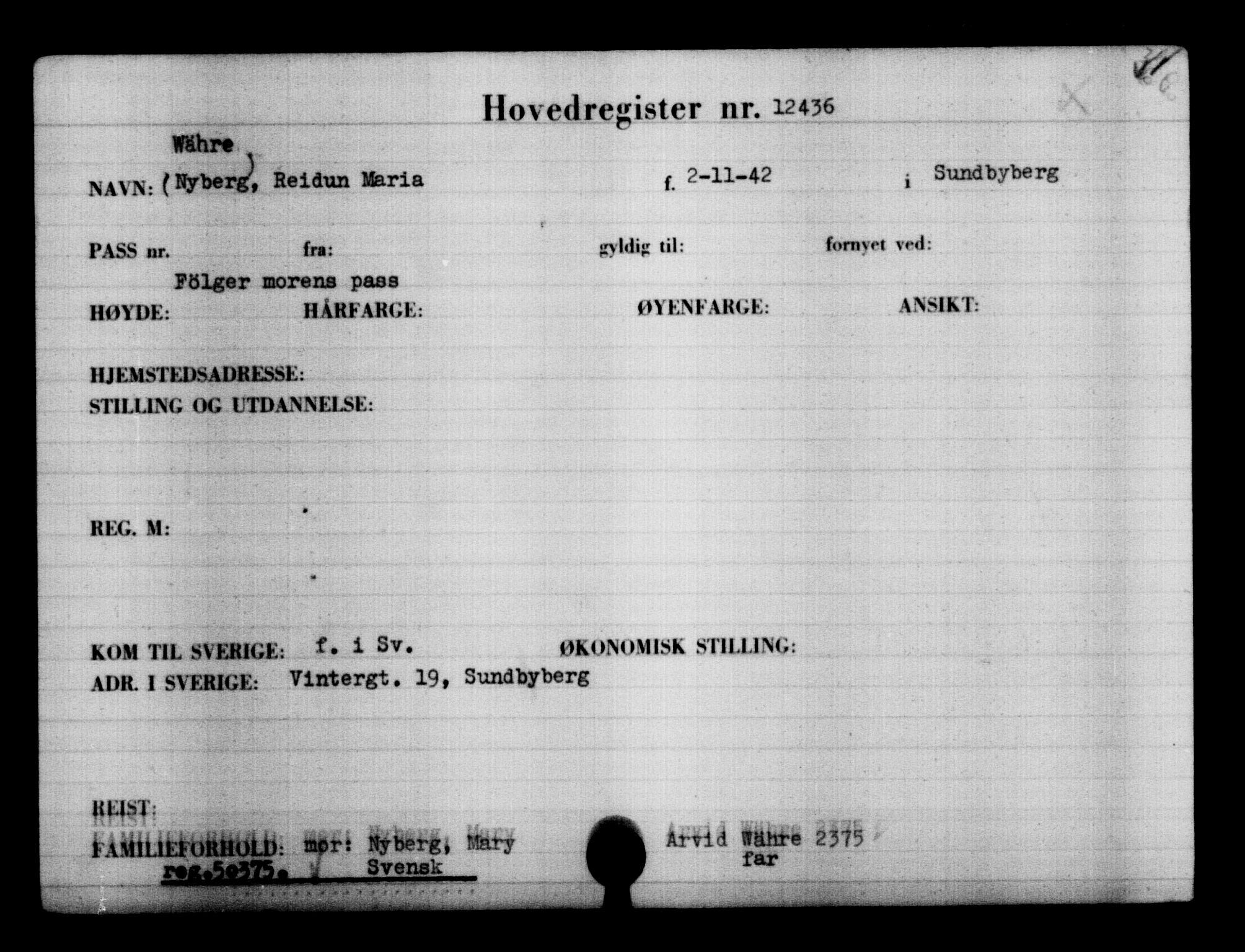 Den Kgl. Norske Legasjons Flyktningskontor, AV/RA-S-6753/V/Va/L0006: Kjesäterkartoteket.  Flyktningenr. 9400-12711, 1940-1945, s. 3467