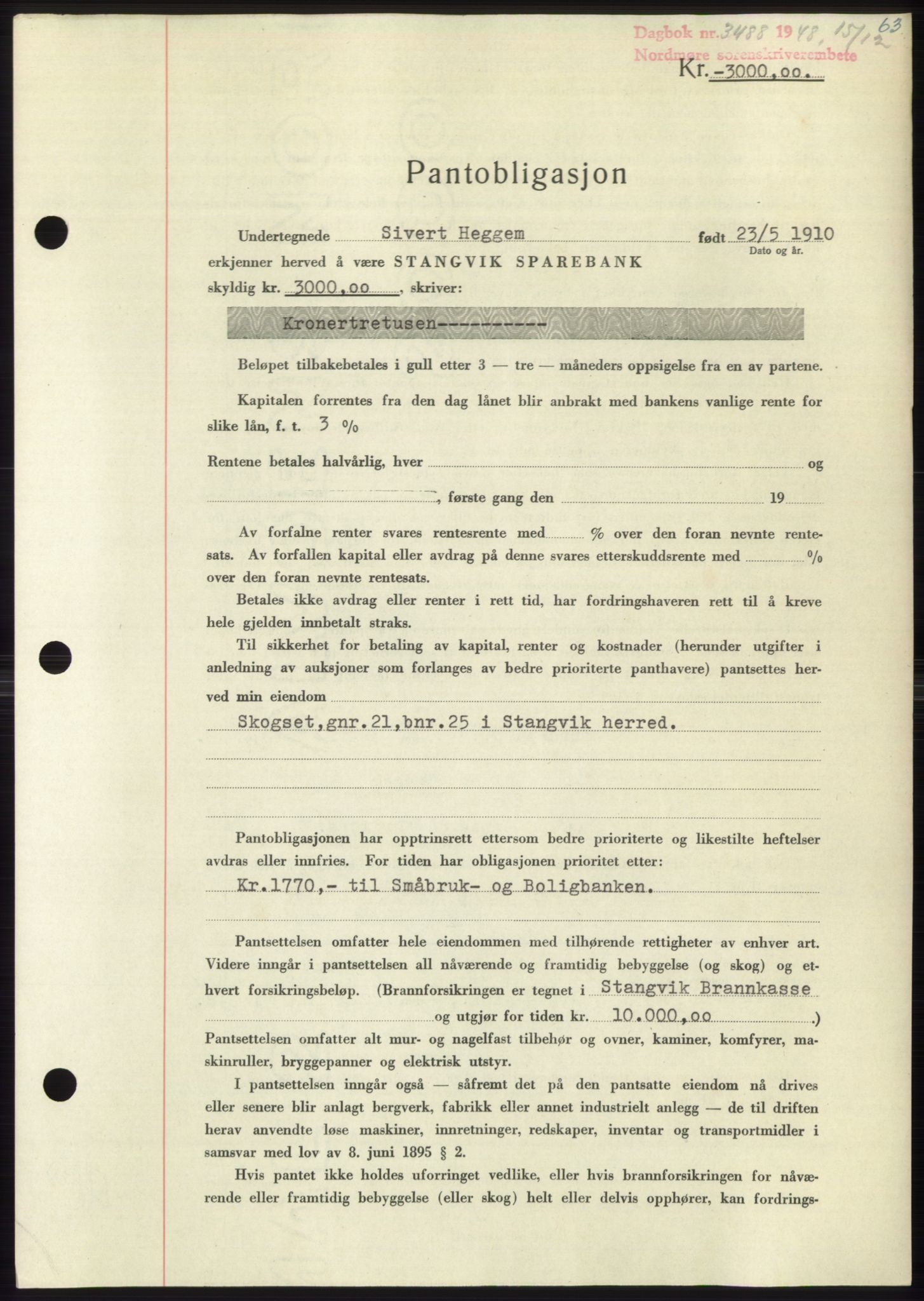 Nordmøre sorenskriveri, SAT/A-4132/1/2/2Ca: Pantebok nr. B100, 1948-1949, Dagboknr: 3488/1948