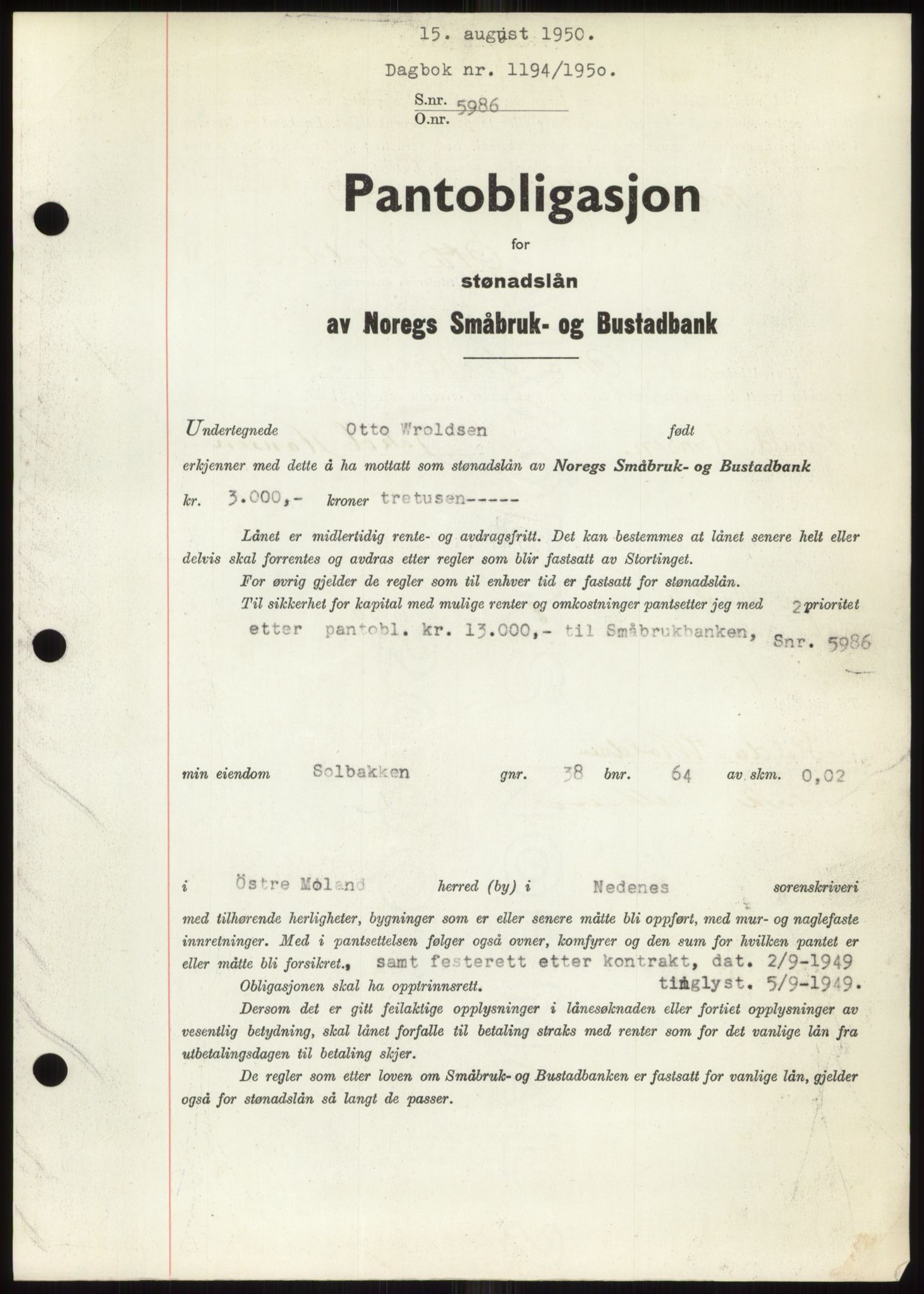 Nedenes sorenskriveri, SAK/1221-0006/G/Gb/Gbb/L0008: Pantebok nr. B8, 1950-1950, Dagboknr: 1194/1950