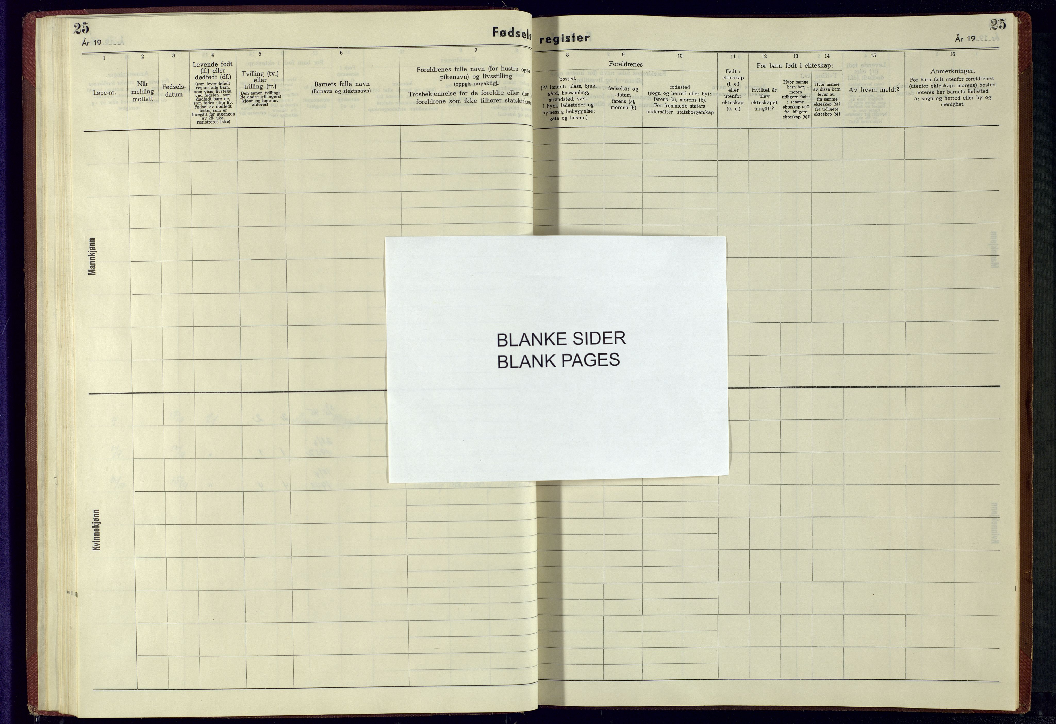 Bjelland sokneprestkontor, AV/SAK-1111-0005/J/Jb/L0008: Fødselsregister nr. II.6.8, 1942-1956, s. 25