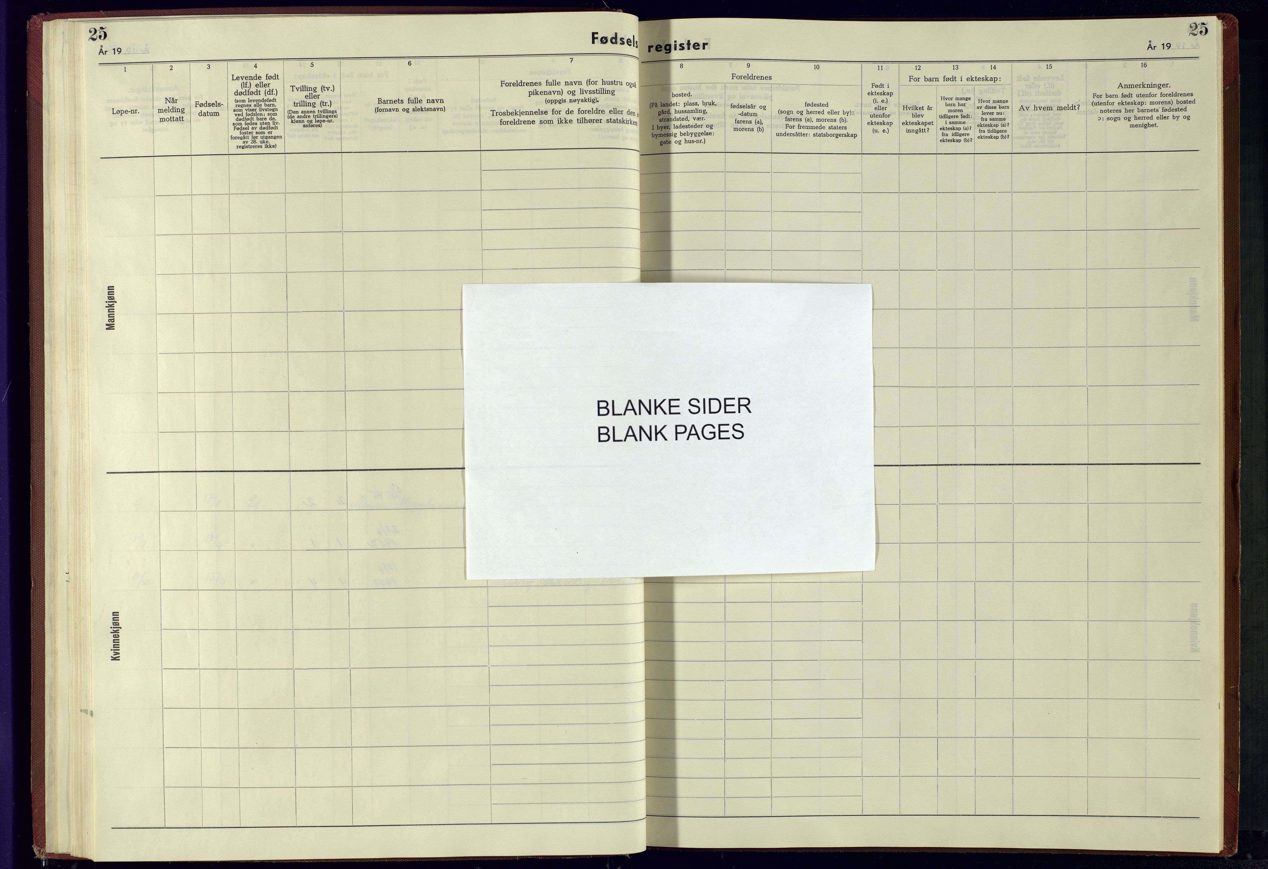 Bjelland sokneprestkontor, SAK/1111-0005/J/Jb/L0008: Fødselsregister nr. II.6.8, 1942-1956, s. 25