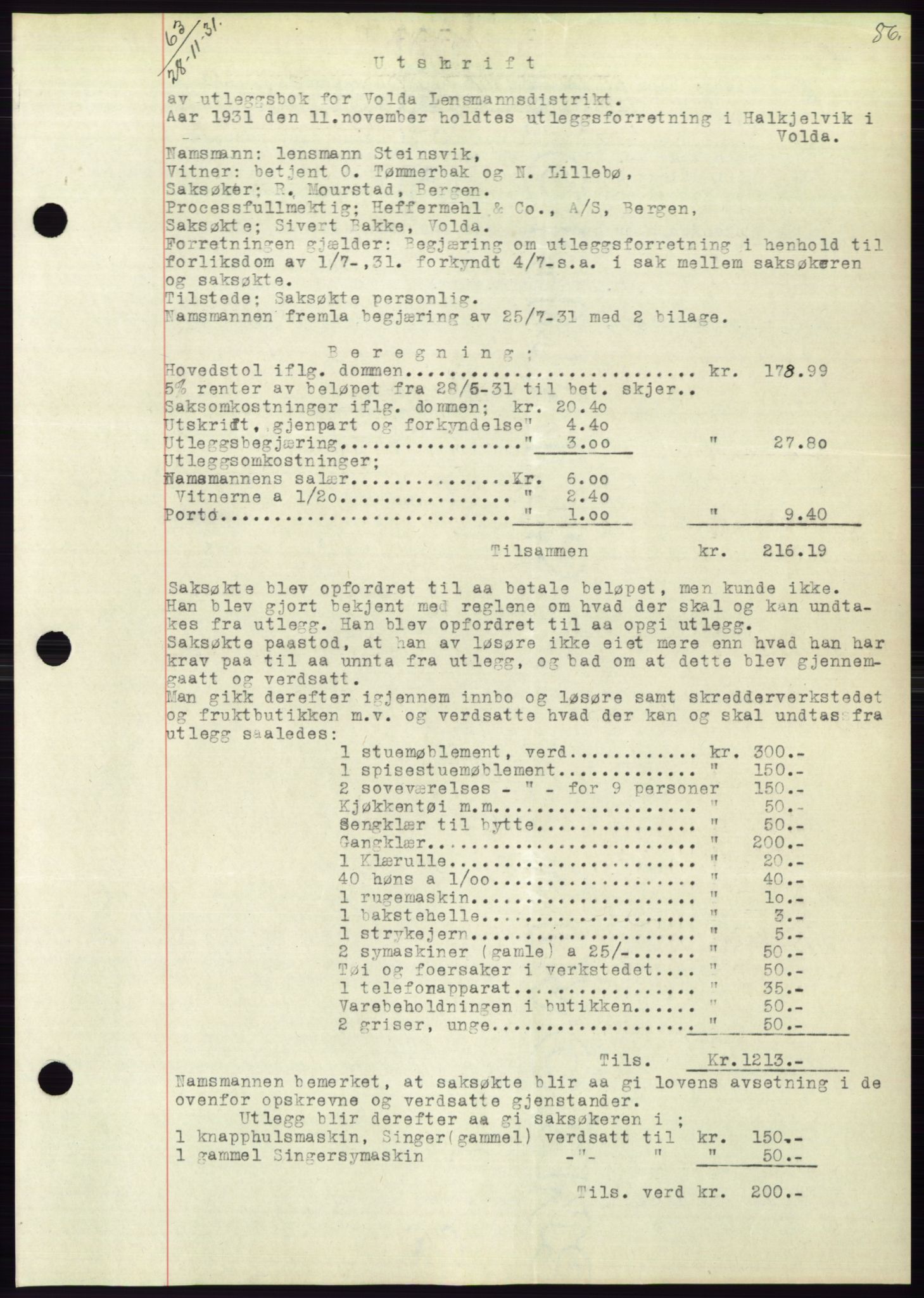 Søre Sunnmøre sorenskriveri, AV/SAT-A-4122/1/2/2C/L0053: Pantebok nr. 47, 1931-1932, Tingl.dato: 28.11.1931