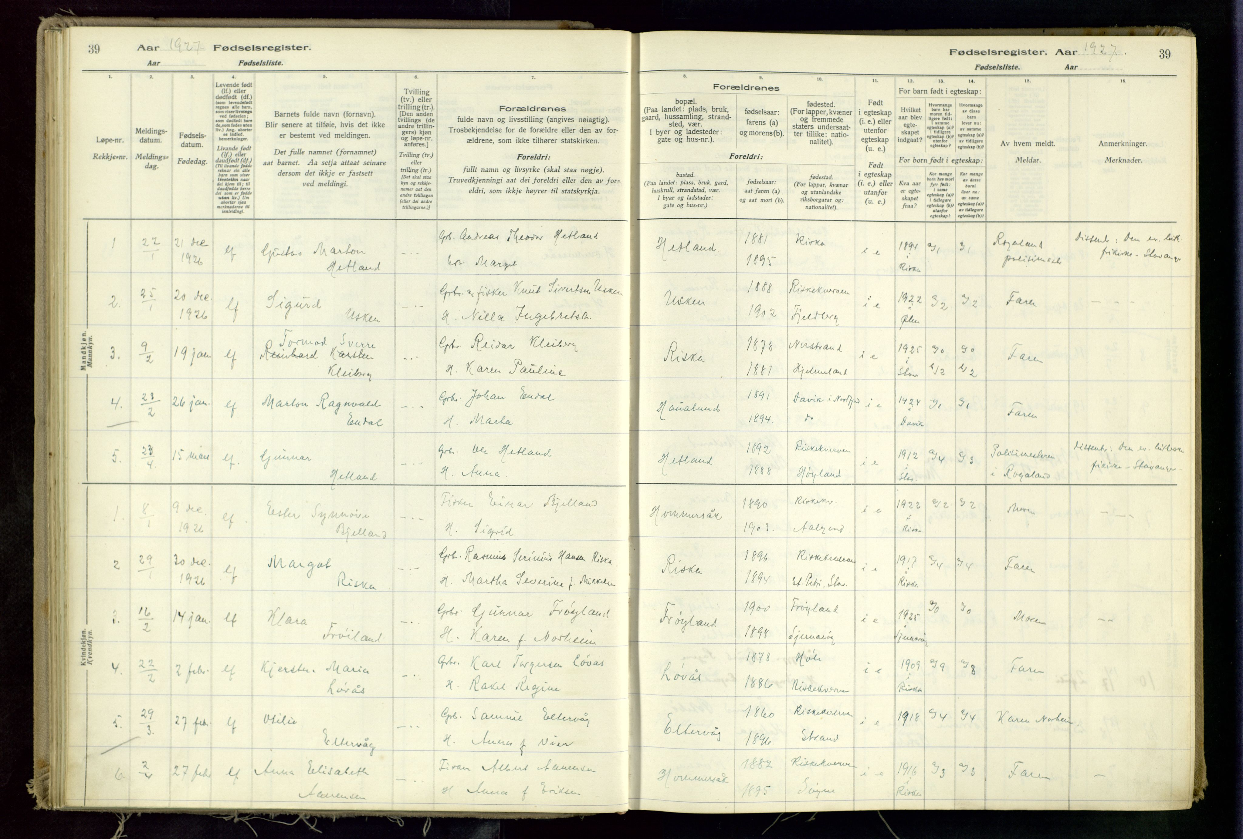 Hetland sokneprestkontor, AV/SAST-A-101826/70/704BA/L0002: Fødselsregister nr. 2, 1916-1968, s. 39