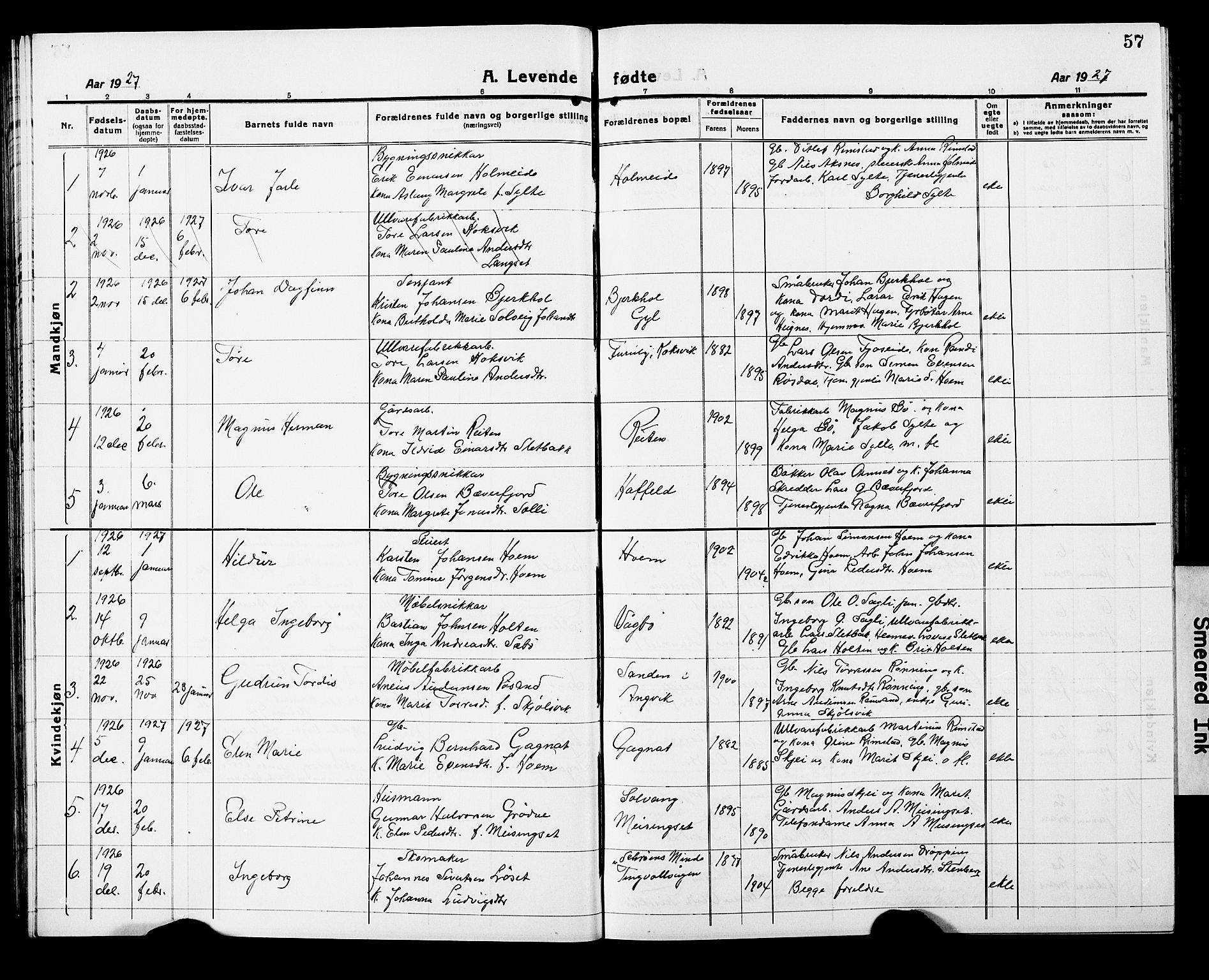 Ministerialprotokoller, klokkerbøker og fødselsregistre - Møre og Romsdal, SAT/A-1454/586/L0994: Klokkerbok nr. 586C05, 1919-1927, s. 57