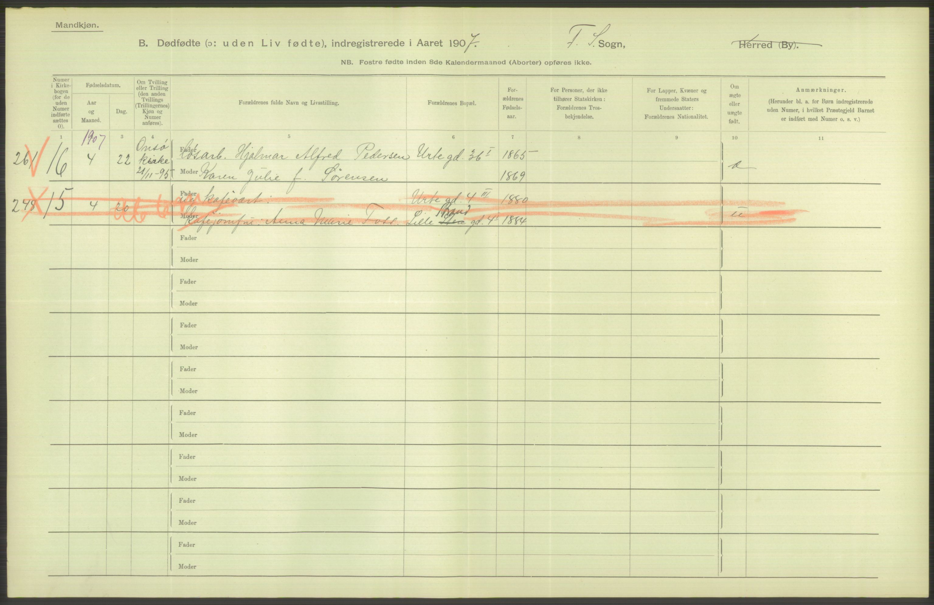 Statistisk sentralbyrå, Sosiodemografiske emner, Befolkning, AV/RA-S-2228/D/Df/Dfa/Dfae/L0010: Kristiania: Døde, dødfødte, 1907, s. 30