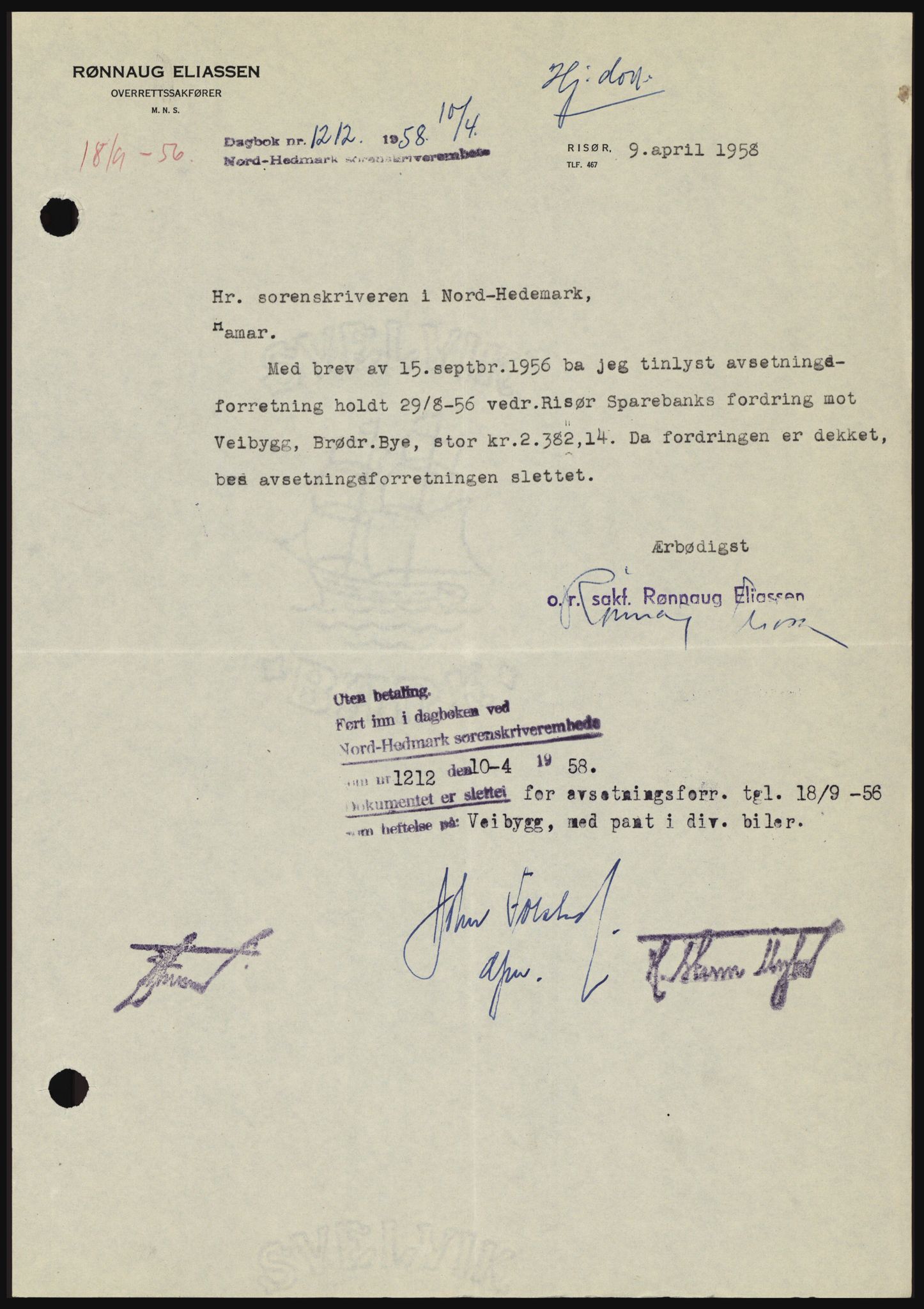 Nord-Hedmark sorenskriveri, SAH/TING-012/H/Hc/L0012: Pantebok nr. 12, 1957-1958, Dagboknr: 1212/1958