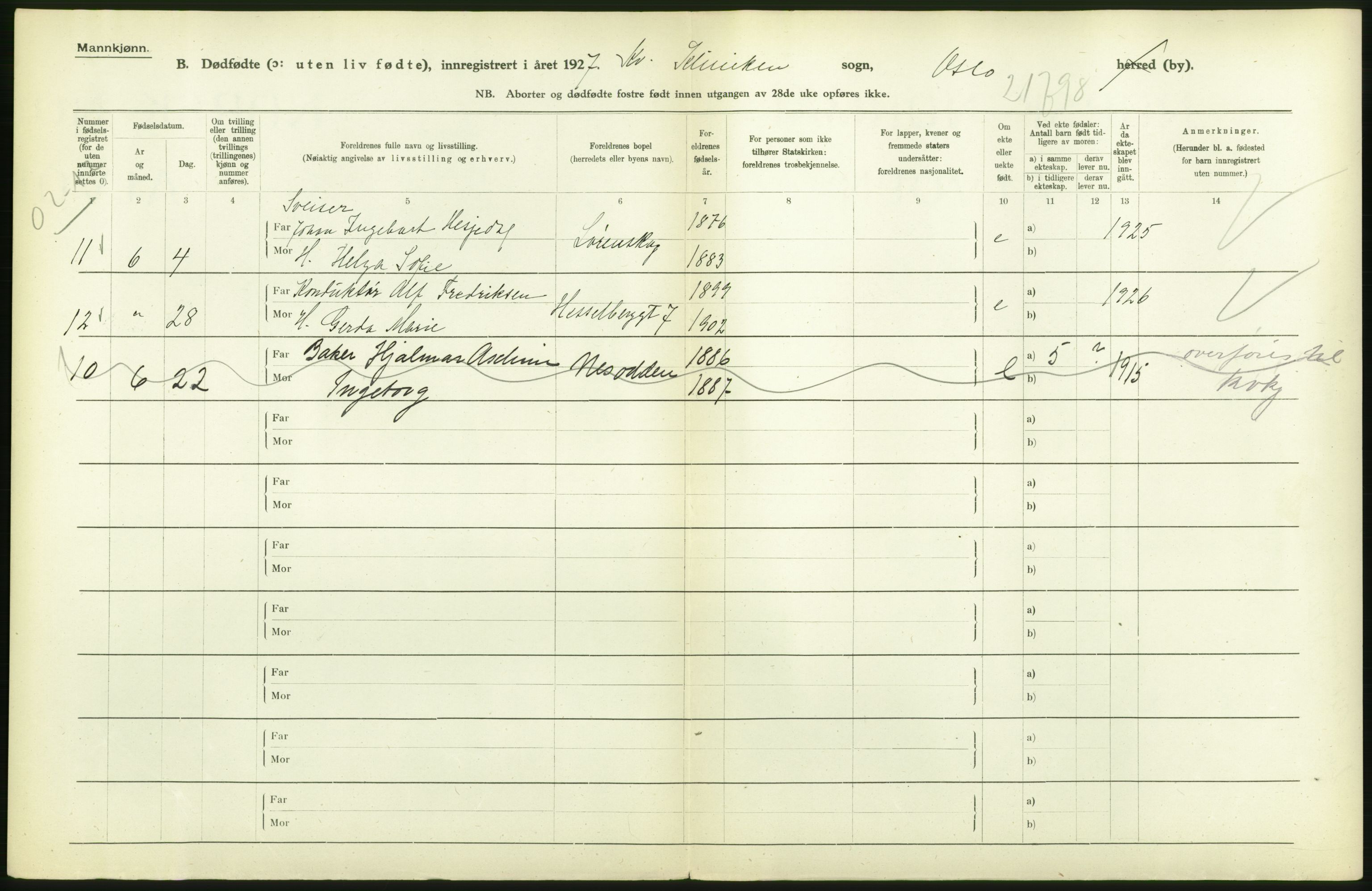 Statistisk sentralbyrå, Sosiodemografiske emner, Befolkning, AV/RA-S-2228/D/Df/Dfc/Dfcg/L0010: Oslo: Døde kvinner, dødfødte, 1927, s. 60