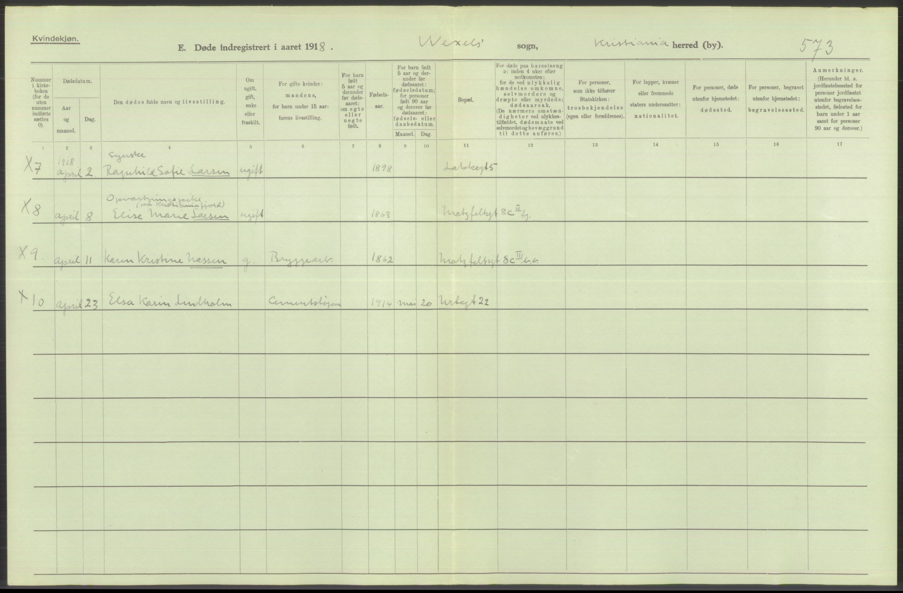 Statistisk sentralbyrå, Sosiodemografiske emner, Befolkning, AV/RA-S-2228/D/Df/Dfb/Dfbh/L0011: Kristiania: Døde, dødfødte, 1918, s. 422