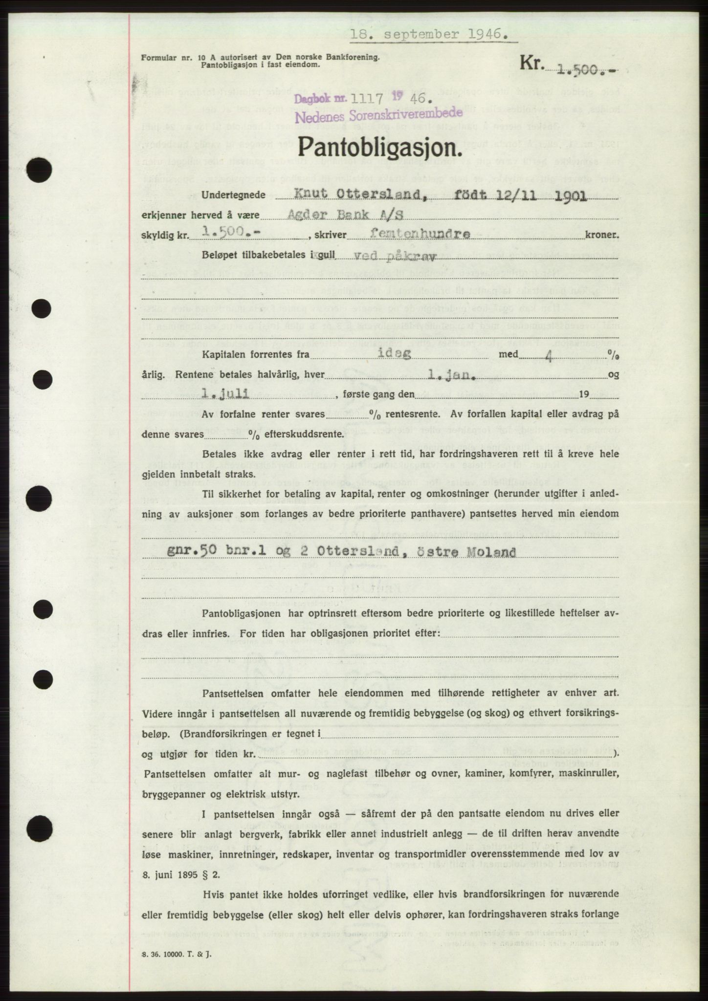 Nedenes sorenskriveri, AV/SAK-1221-0006/G/Gb/Gbb/L0003: Pantebok nr. B3b, 1946-1946, Dagboknr: 1117/1946