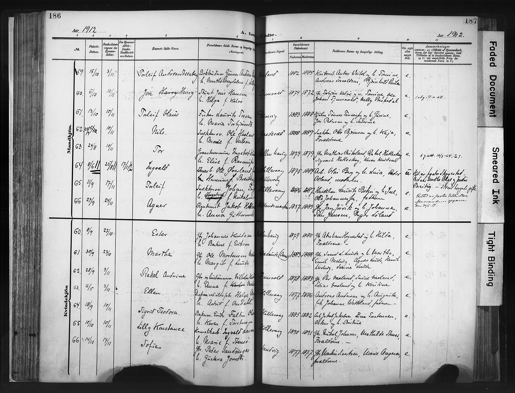 Hetland sokneprestkontor, AV/SAST-A-101826/30/30BA/L0013: Ministerialbok nr. A 13, 1904-1918, s. 186-187