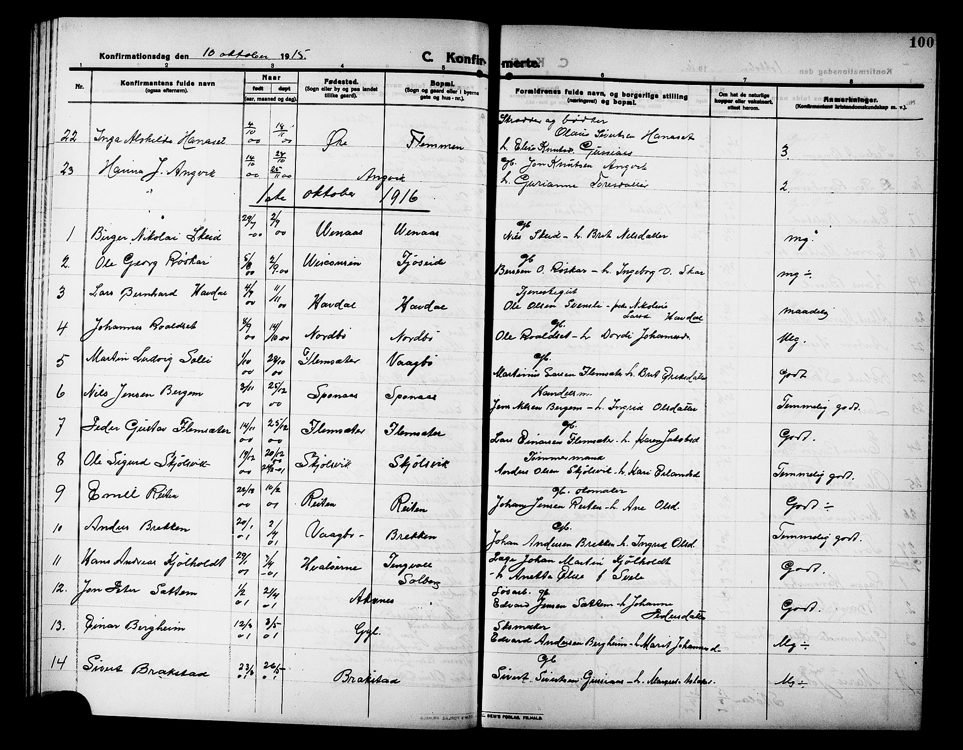 Ministerialprotokoller, klokkerbøker og fødselsregistre - Møre og Romsdal, SAT/A-1454/586/L0993: Klokkerbok nr. 586C04, 1910-1918, s. 100