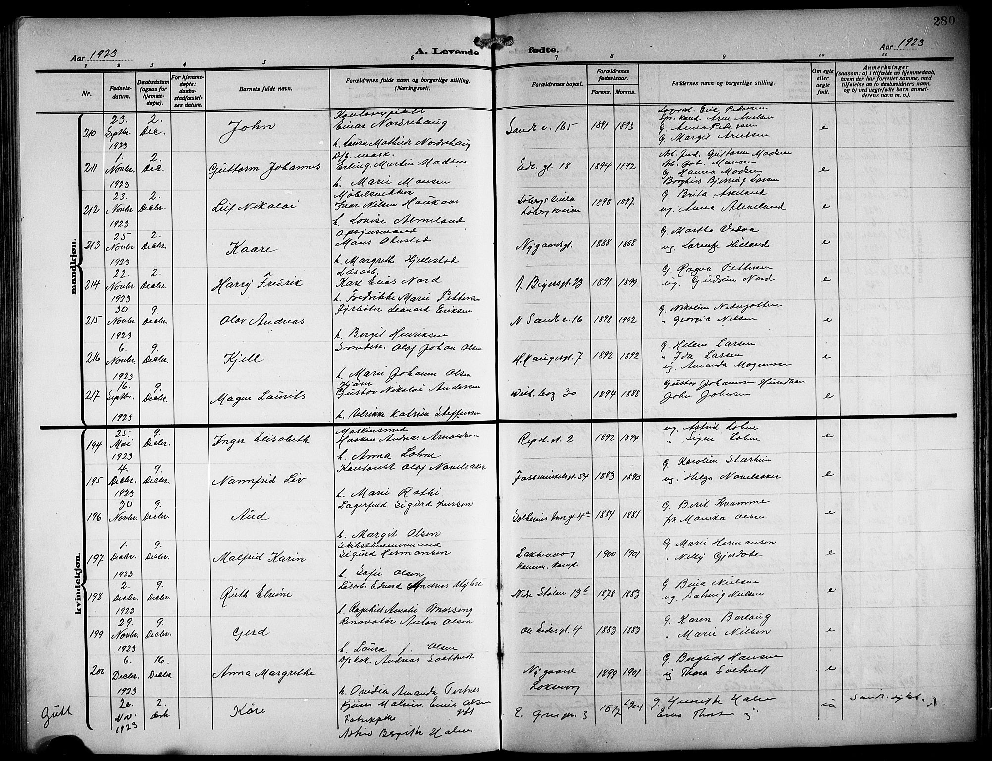 Sandviken Sokneprestembete, AV/SAB-A-77601/H/Hb/L0005: Klokkerbok nr. B 2, 1914-1925, s. 280