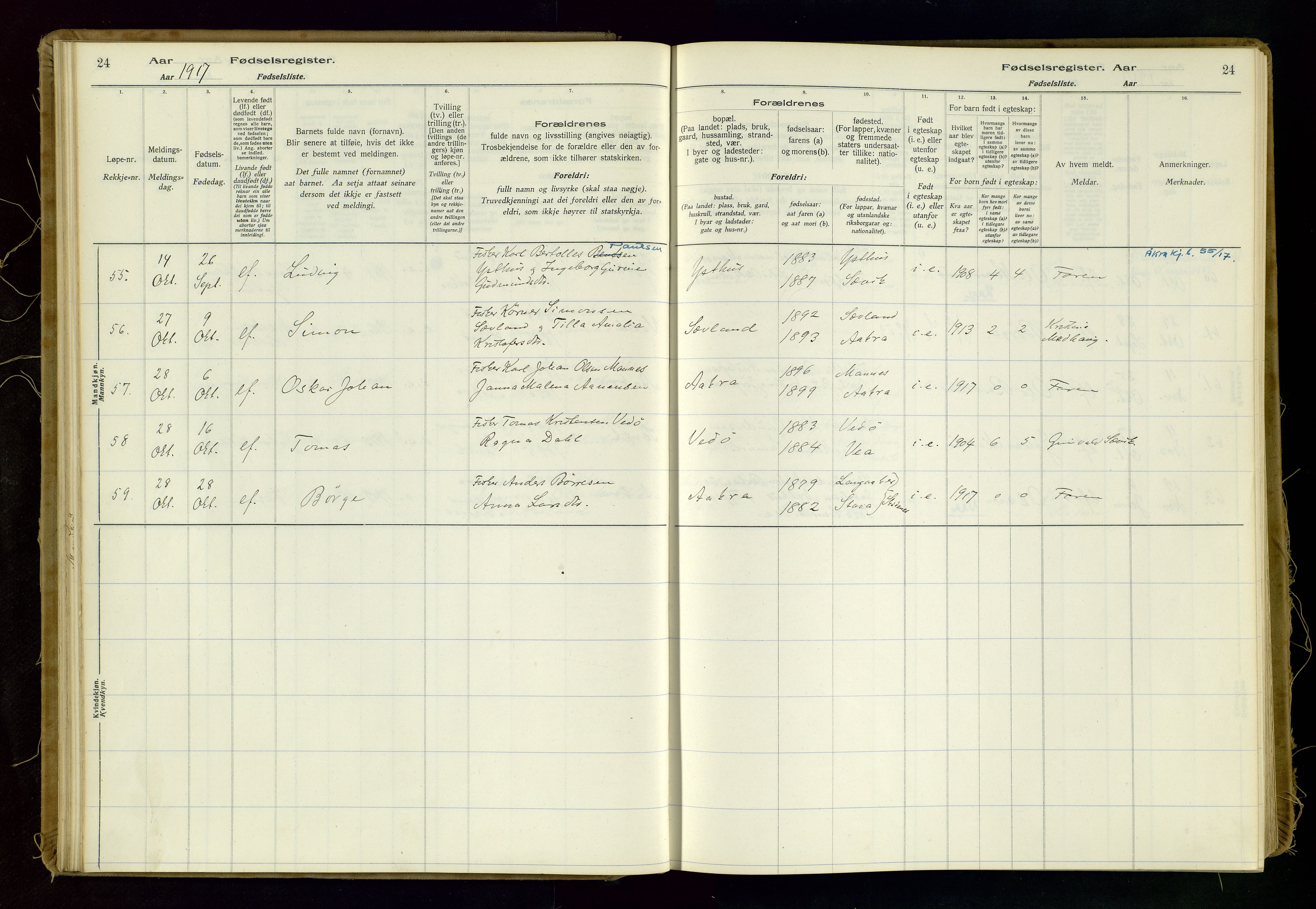 Kopervik sokneprestkontor, AV/SAST-A-101850/I/Id/L0006: Fødselsregister nr. 6, 1916-1934, s. 24