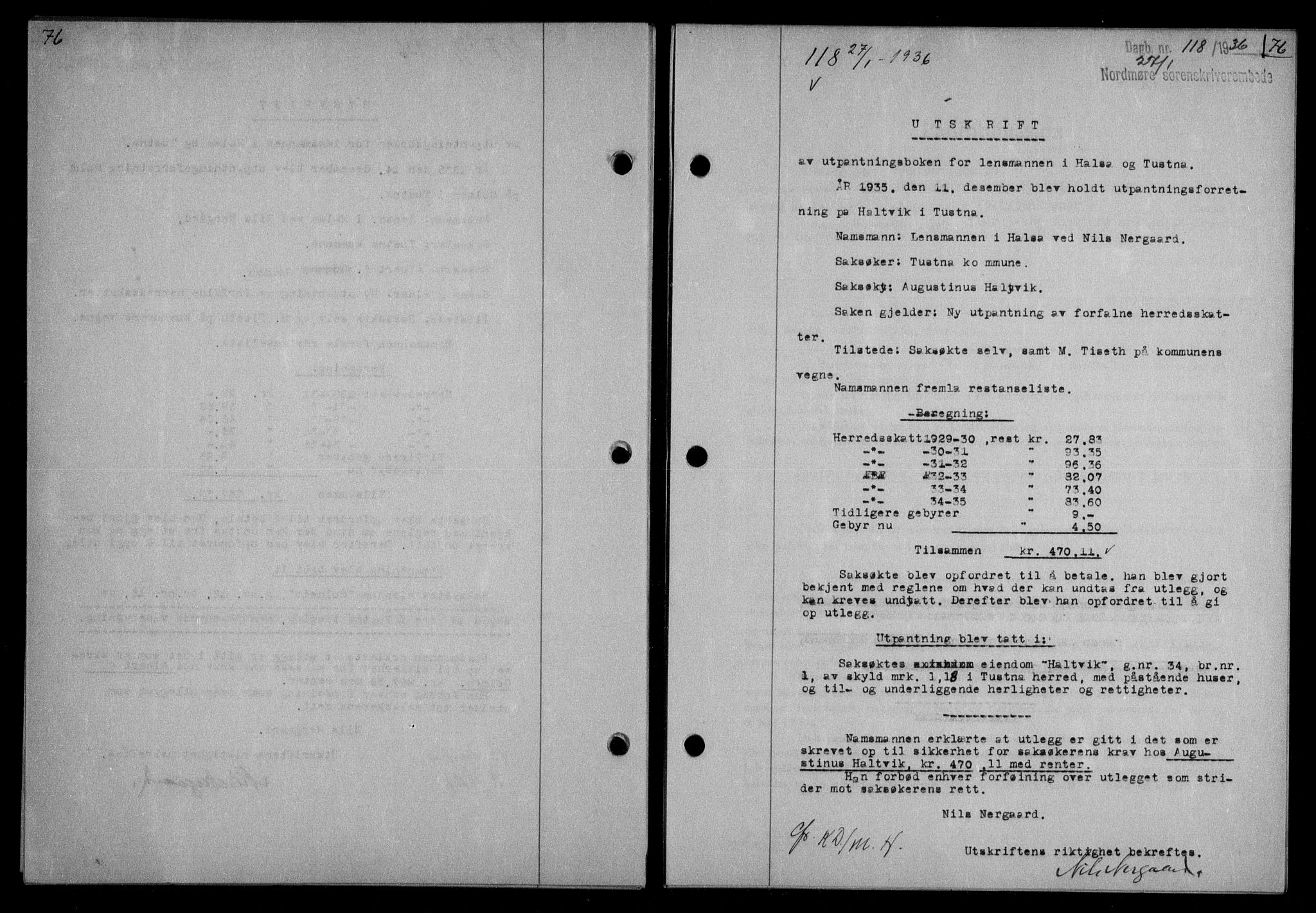 Nordmøre sorenskriveri, AV/SAT-A-4132/1/2/2Ca/L0087: Pantebok nr. 77, 1935-1936, Tingl.dato: 27.01.1936