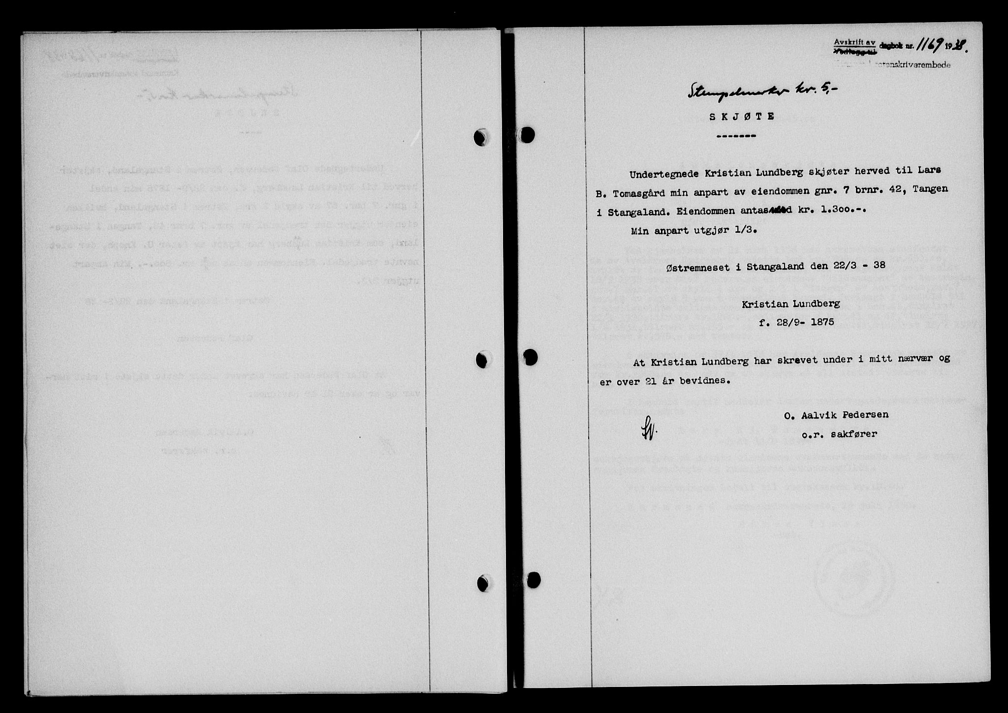 Karmsund sorenskriveri, SAST/A-100311/01/II/IIB/L0069: Pantebok nr. 50A, 1937-1938, Dagboknr: 1169/1938