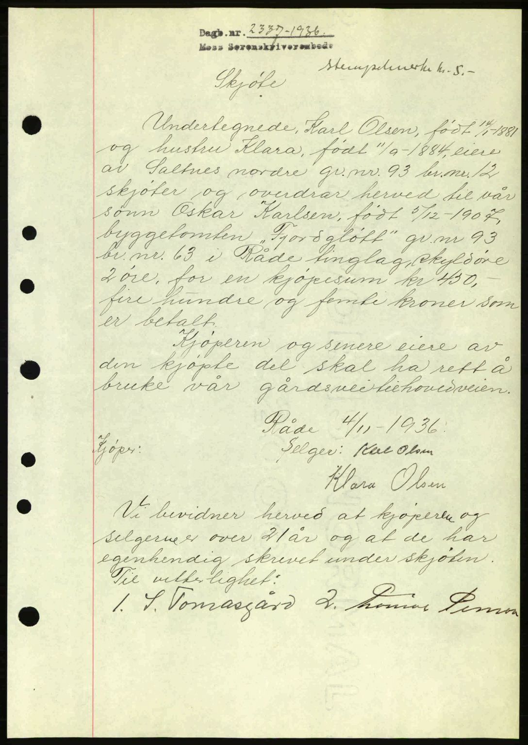 Moss sorenskriveri, SAO/A-10168: Pantebok nr. A2, 1936-1937, Dagboknr: 2337/1936