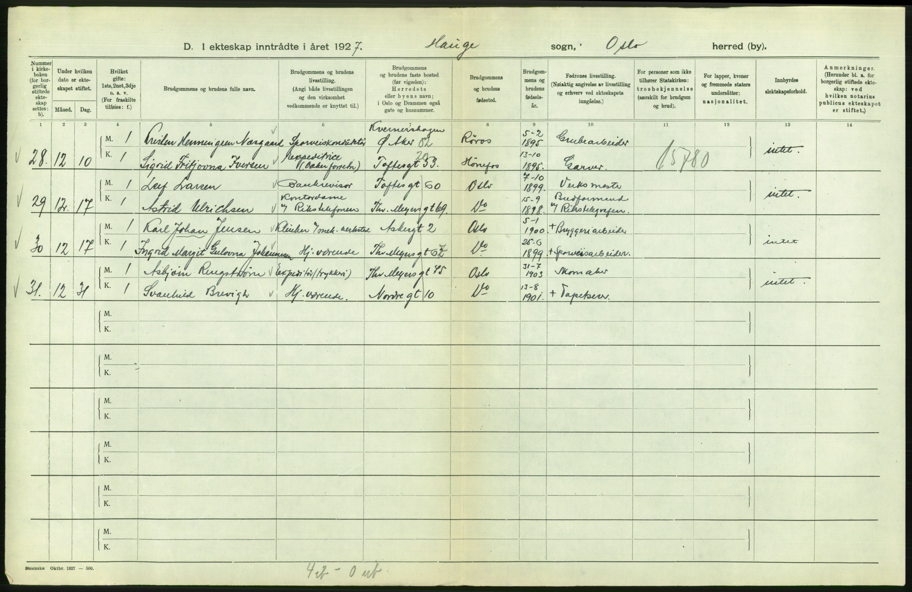 Statistisk sentralbyrå, Sosiodemografiske emner, Befolkning, RA/S-2228/D/Df/Dfc/Dfcg/L0008: Oslo: Gifte, 1927, s. 760