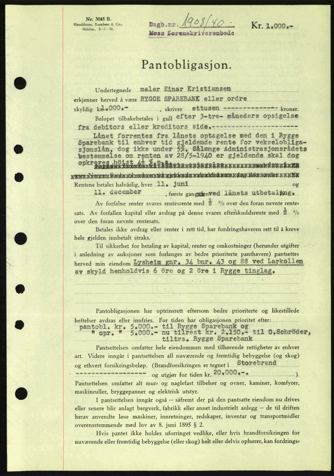 Moss sorenskriveri, SAO/A-10168: Pantebok nr. B10, 1940-1941, Dagboknr: 1908/1940