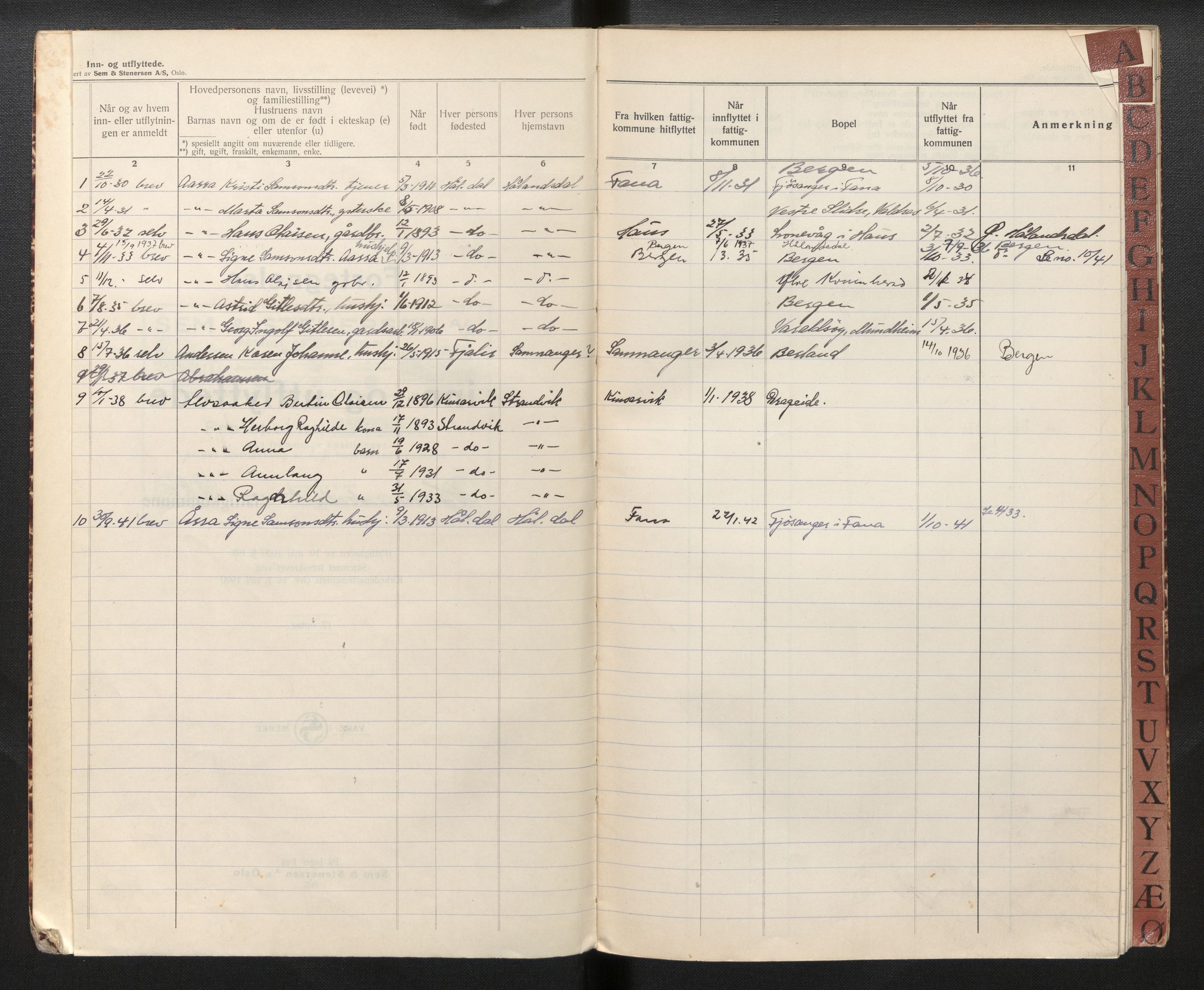 Lensmannen i Fusa, SAB/A-32401/1/0020/L0003: Protokoll over inn- og utflytte, 1926-1942
