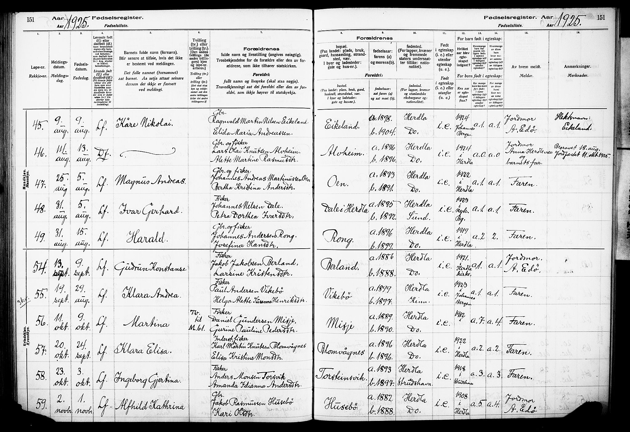 Herdla Sokneprestembete, AV/SAB-A-75701/I/Id/L00A1: Fødselsregister nr. A 1, 1916-1929, s. 151